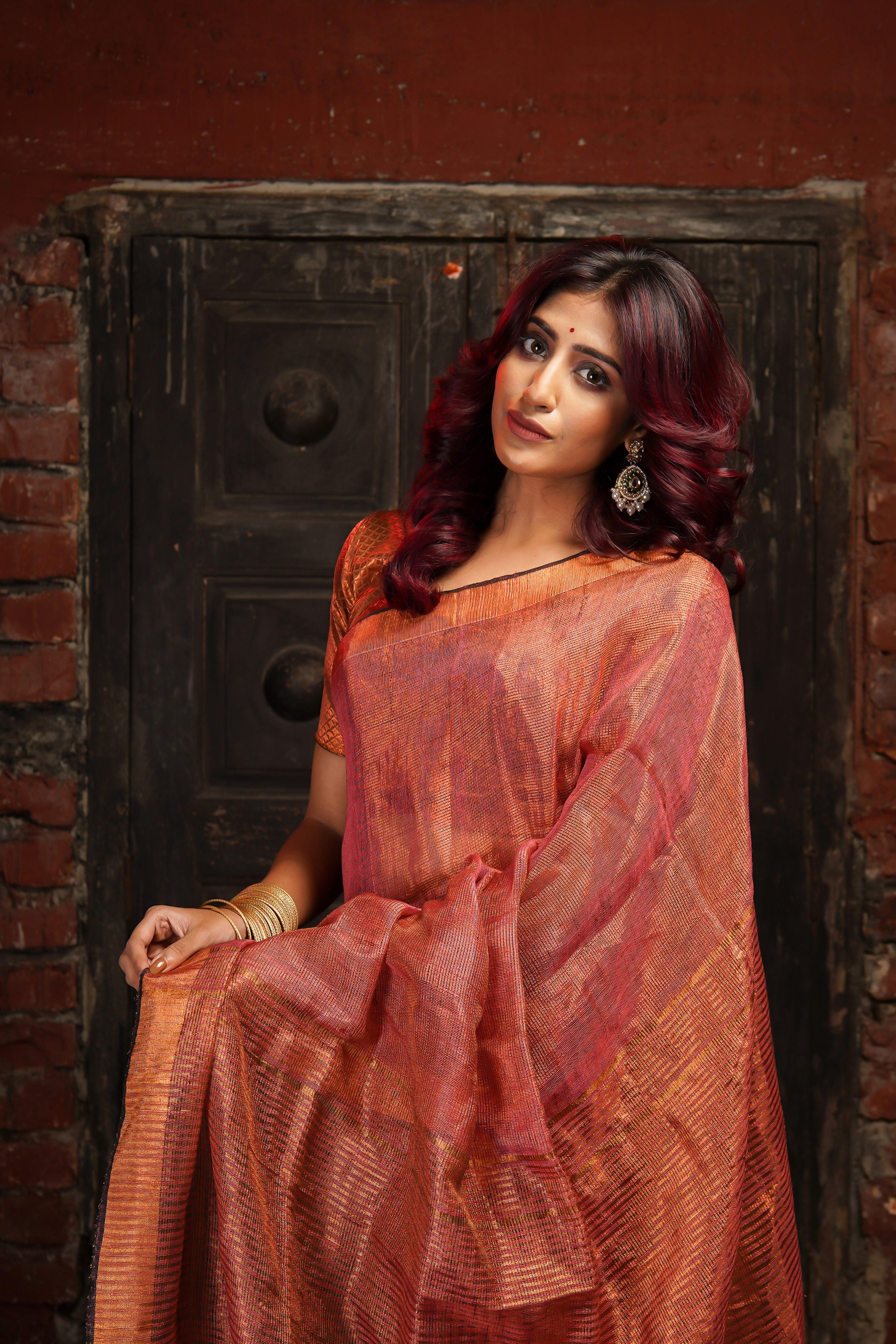 Rust Dual Tone Tissue Linen Saree with blouse piece