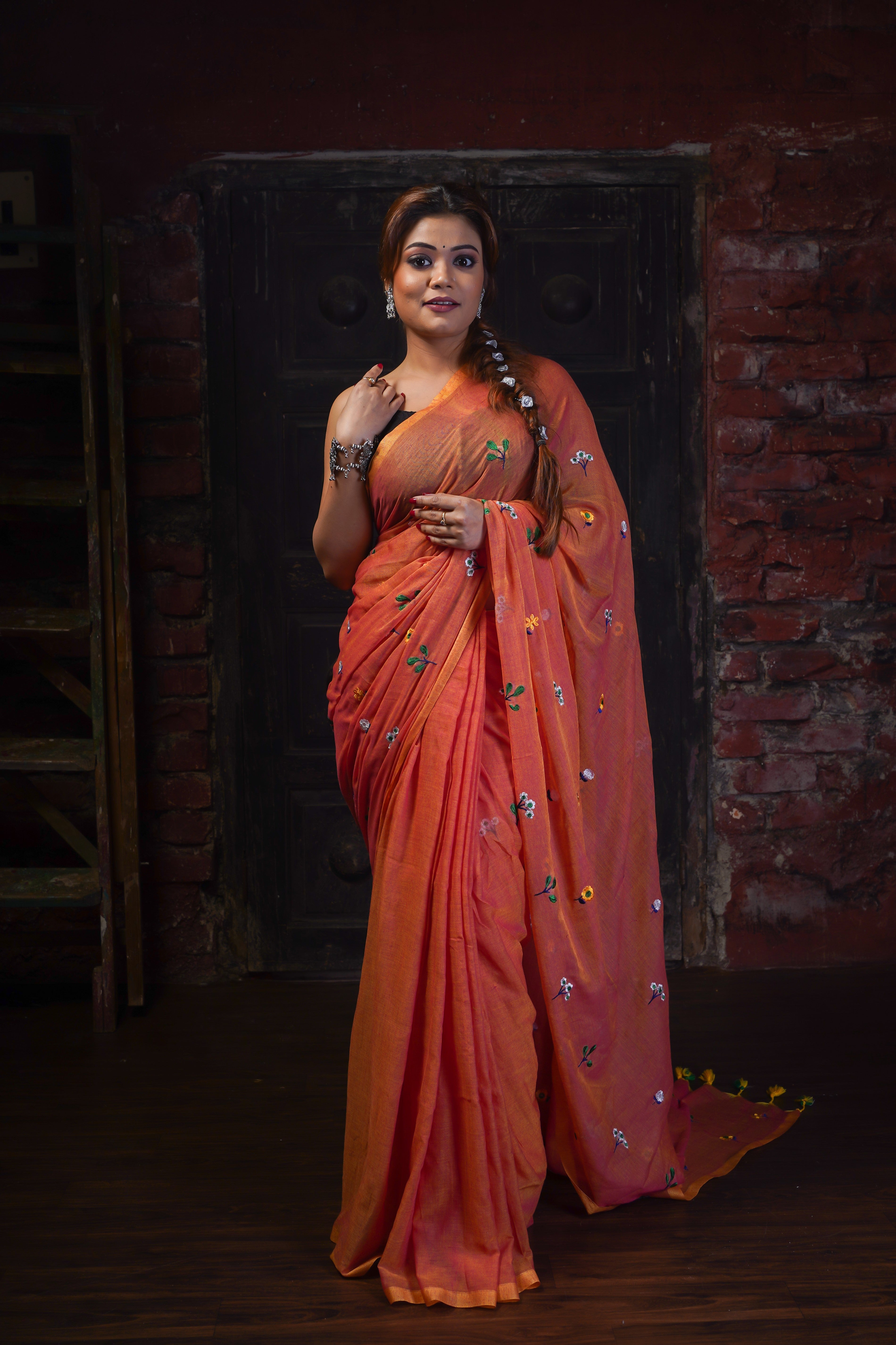 Rust Embroidered Mul Mul Cotton Saree