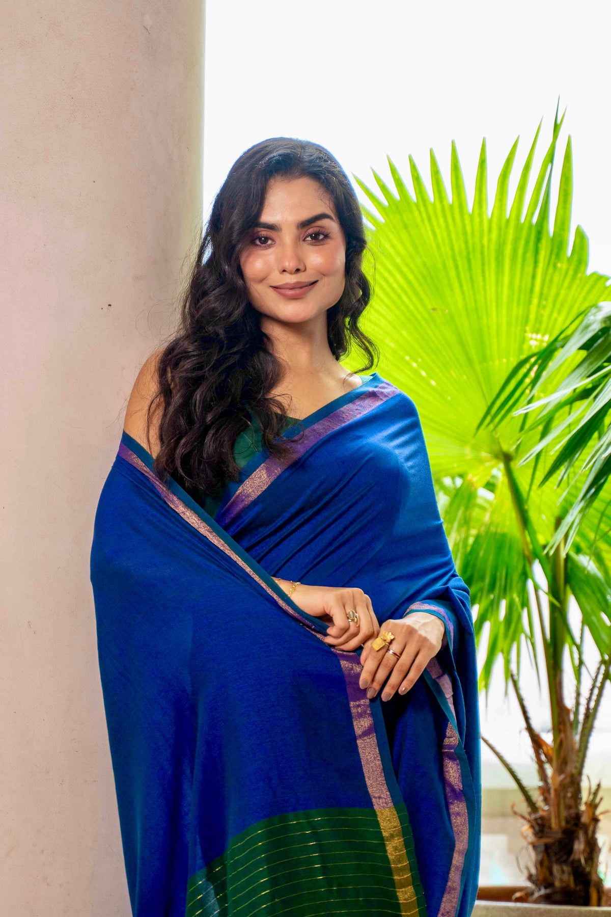 BLUE & GREEN MUL MODAL SAREE WITH Blouse piece