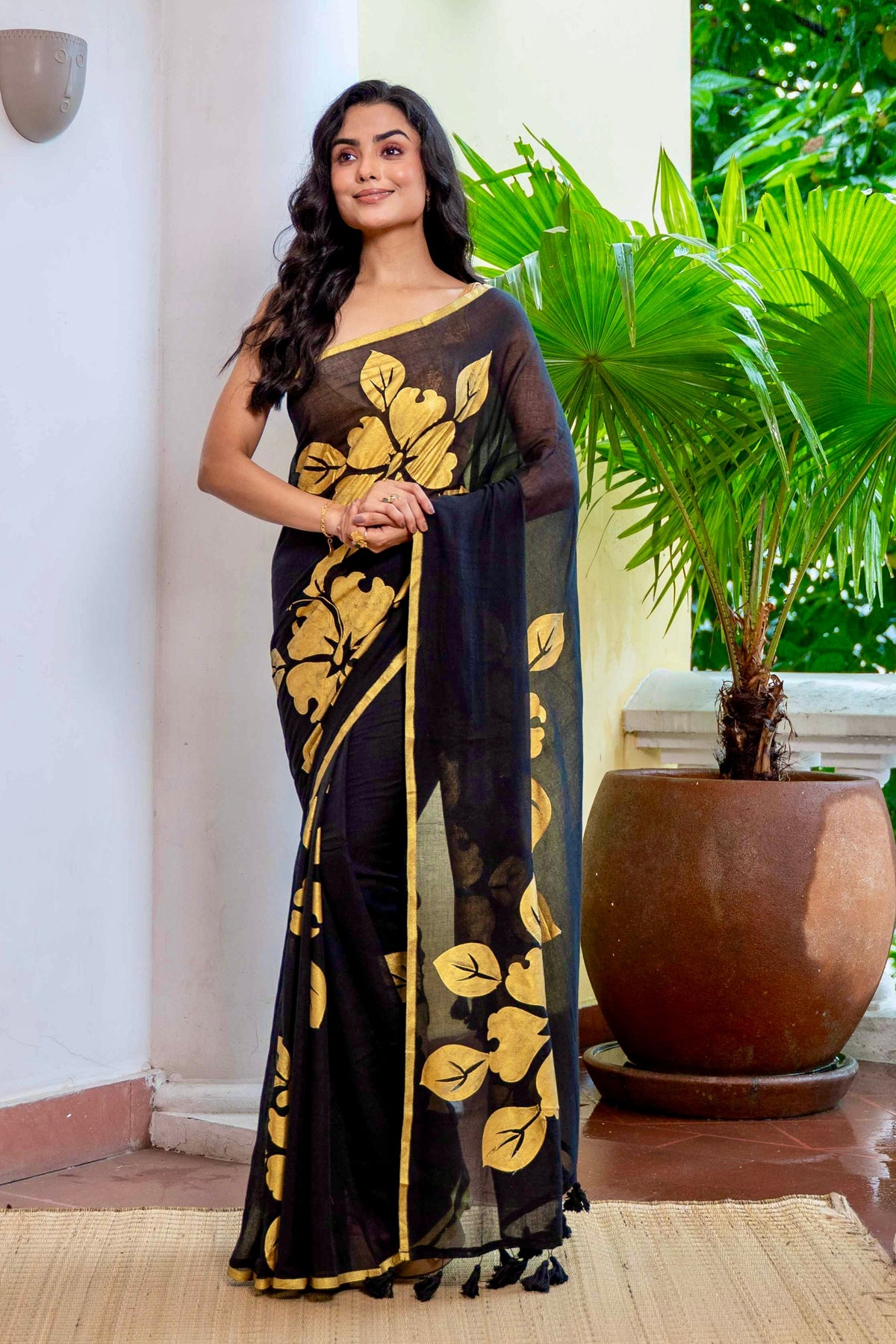 Premium Black Flower Gold Printed Mulmul Cotton Saree