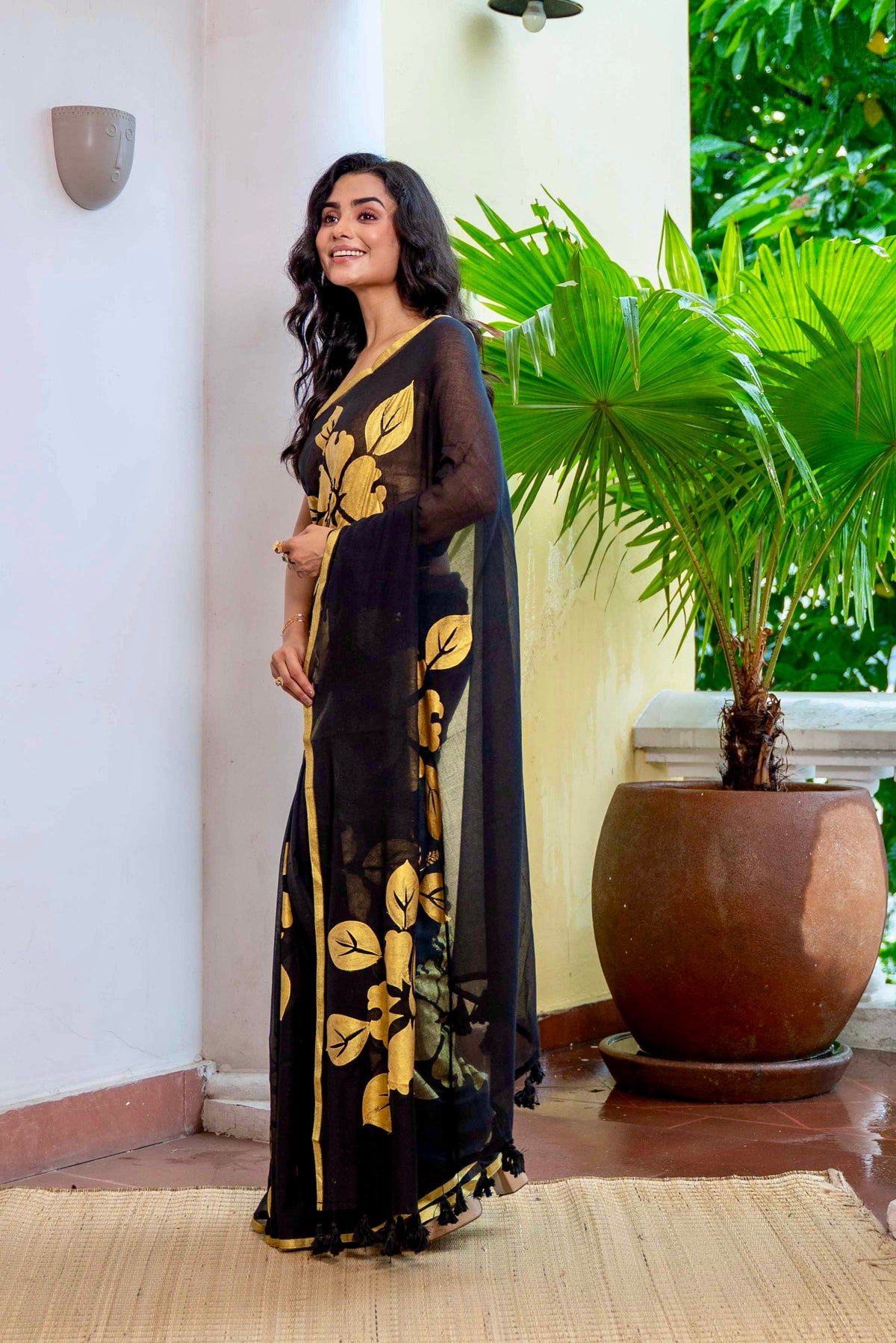 Premium Black Flower Gold Printed Mulmul Cotton Saree