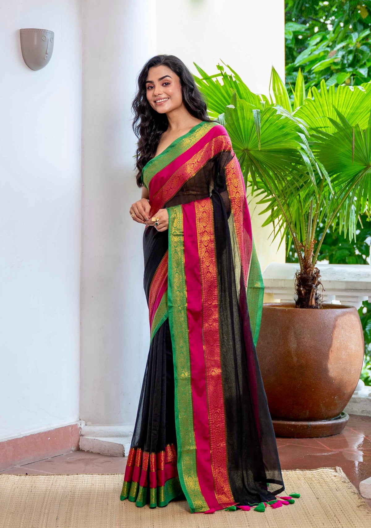 Black Mulmul Cotton Saree with Zari Border With Blouse Piece