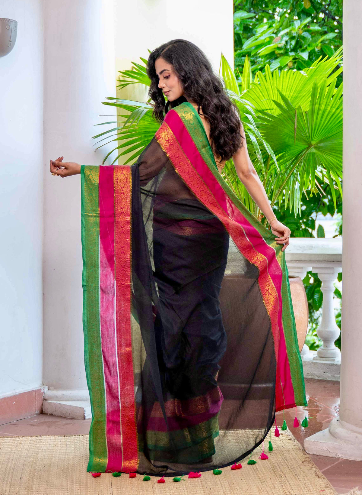 Black Mulmul Cotton Saree with Zari Border With Blouse Piece
