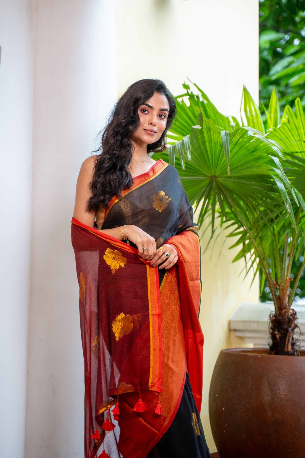 Black Hibiscus Gold Zari Thread Mulmul Cotton Saree with Blouse Piece