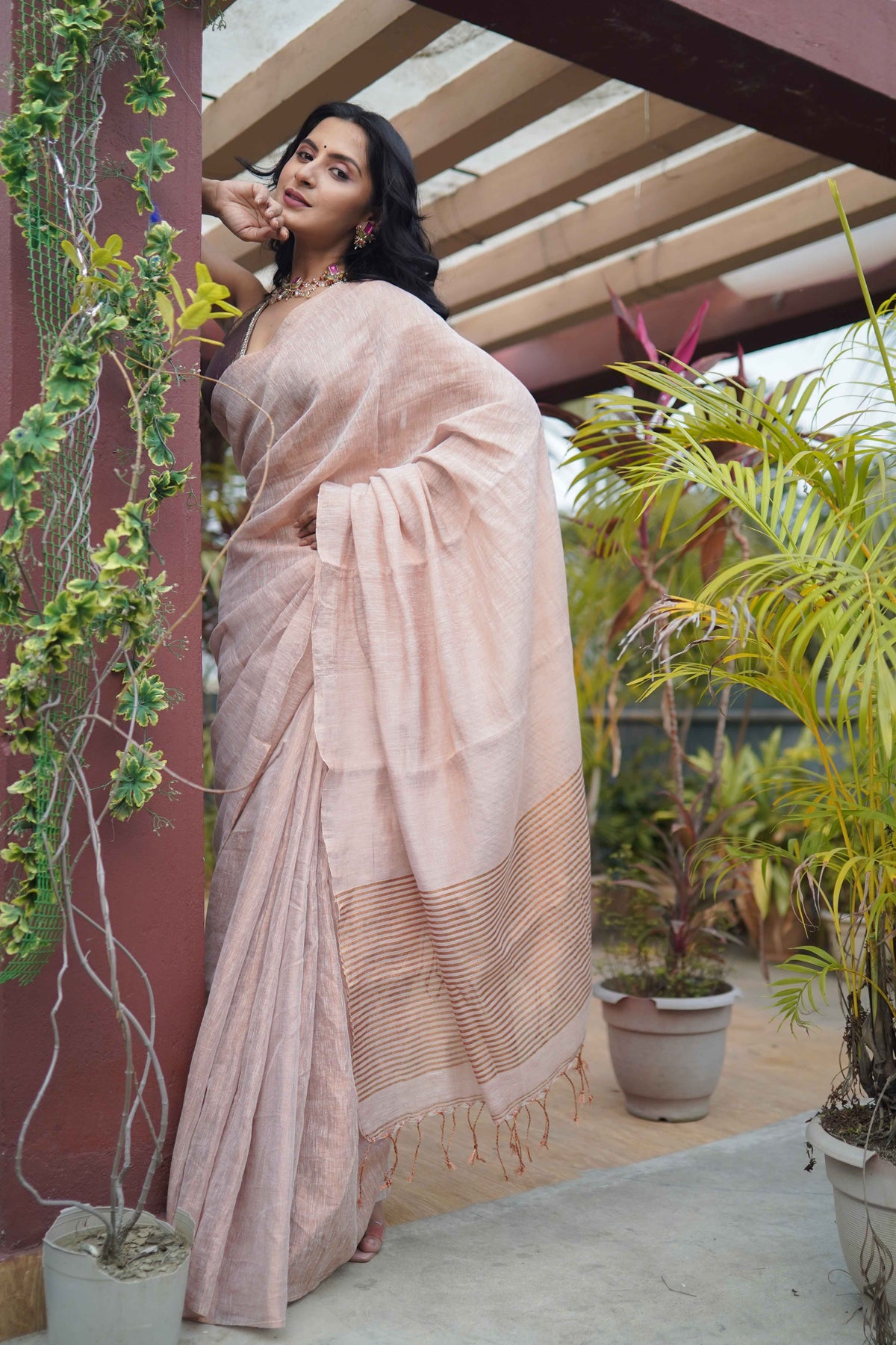 Bare Beige Dual Tone Pure Tissue linen Saree with blouse piece