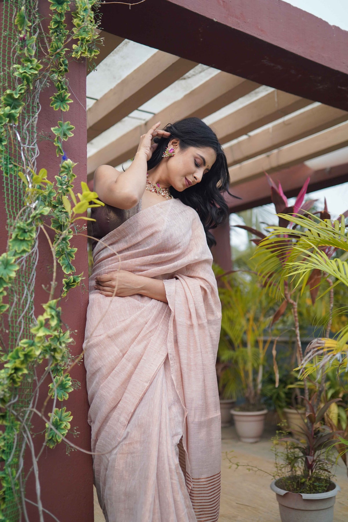 Bare Beige Dual Tone Pure Tissue linen Saree with blouse piece