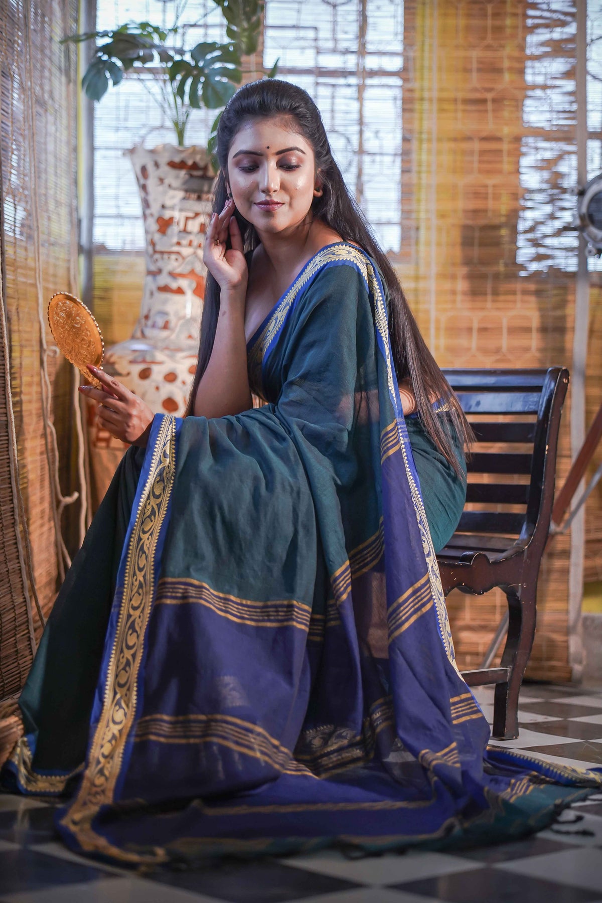 Teal Handwoven Mulmul Cotton Saree