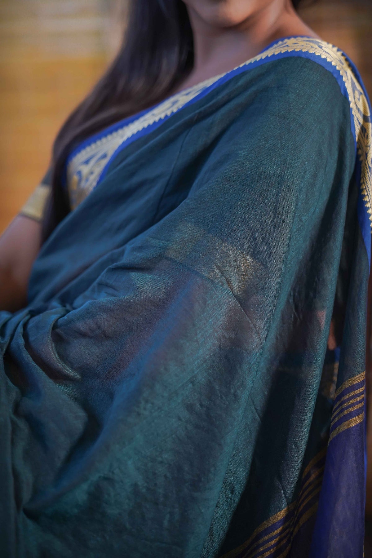 Teal Handwoven Mulmul Cotton Saree