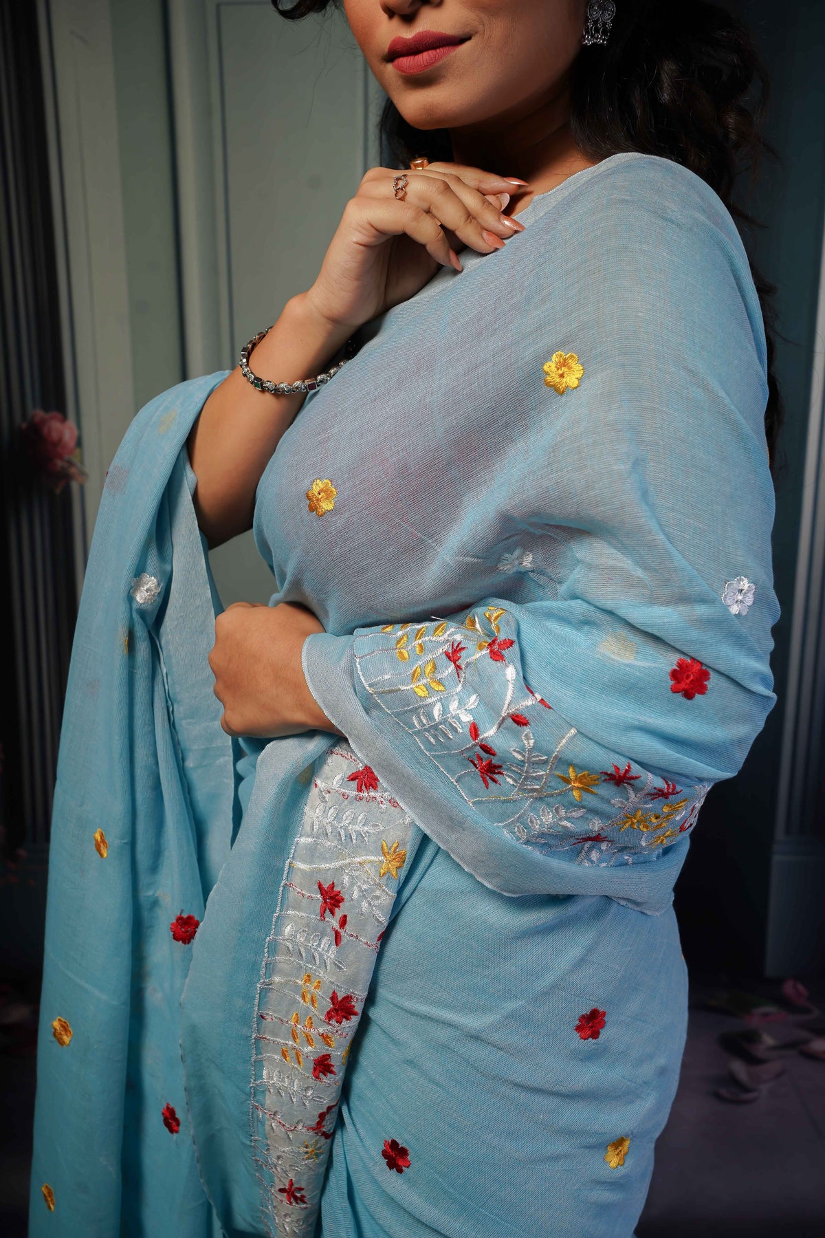 Sky blue pure soft cotton embroidered saree