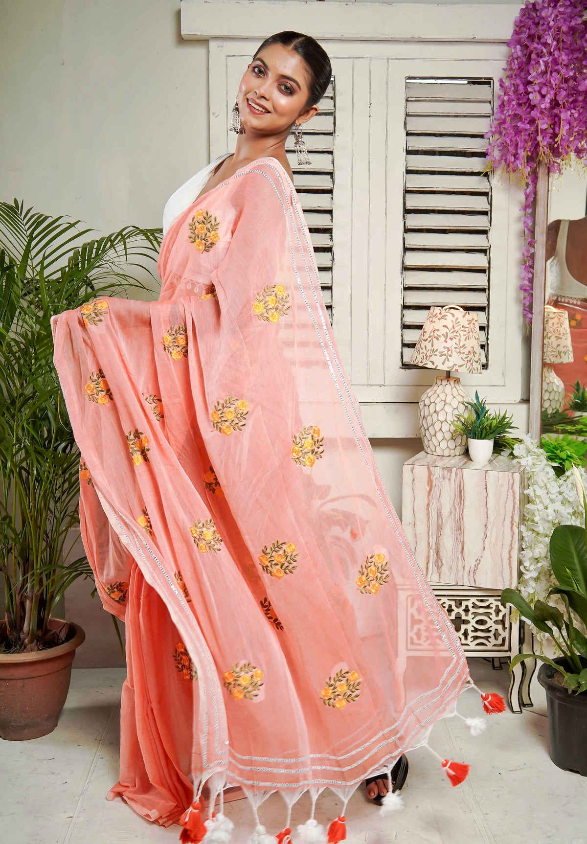 Peach Embroidered Mulmul Cotton Saree