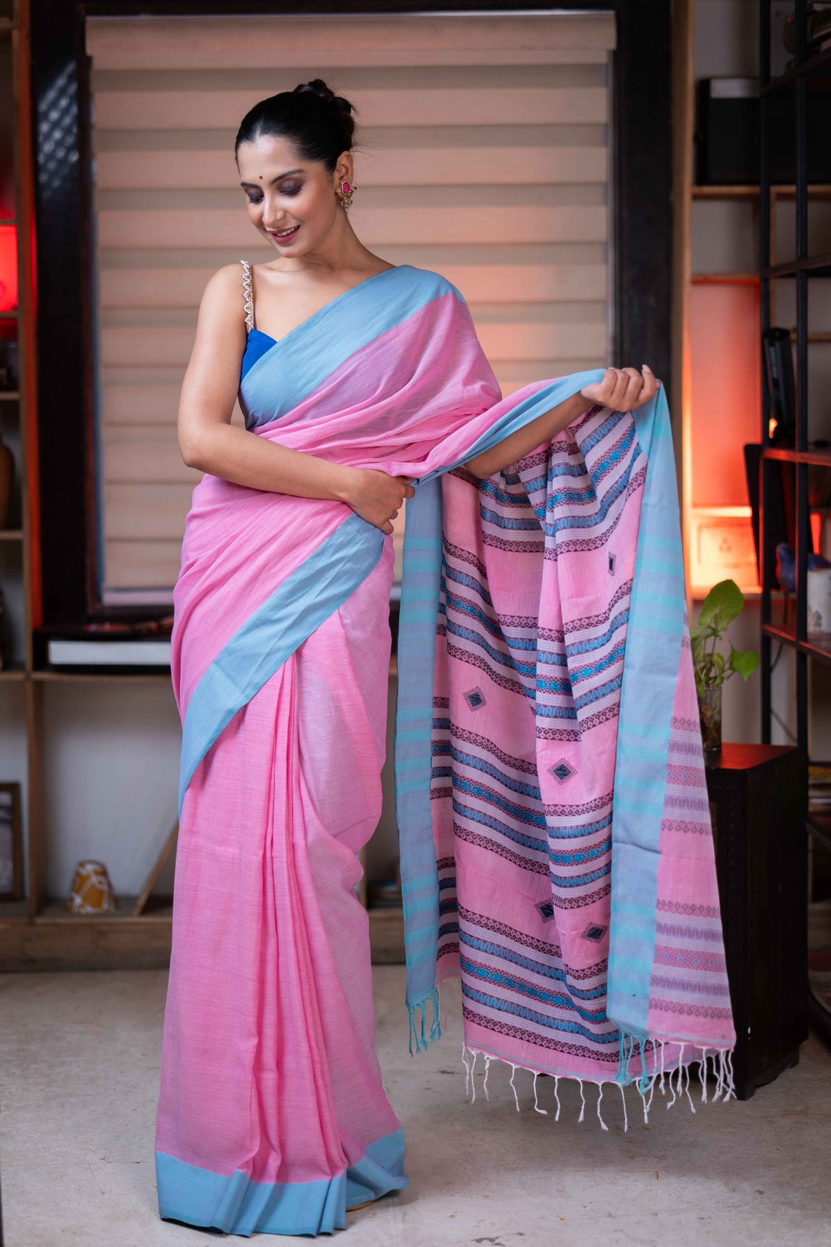 Pink Assam Cotton Handweaving Saree with blouse piece