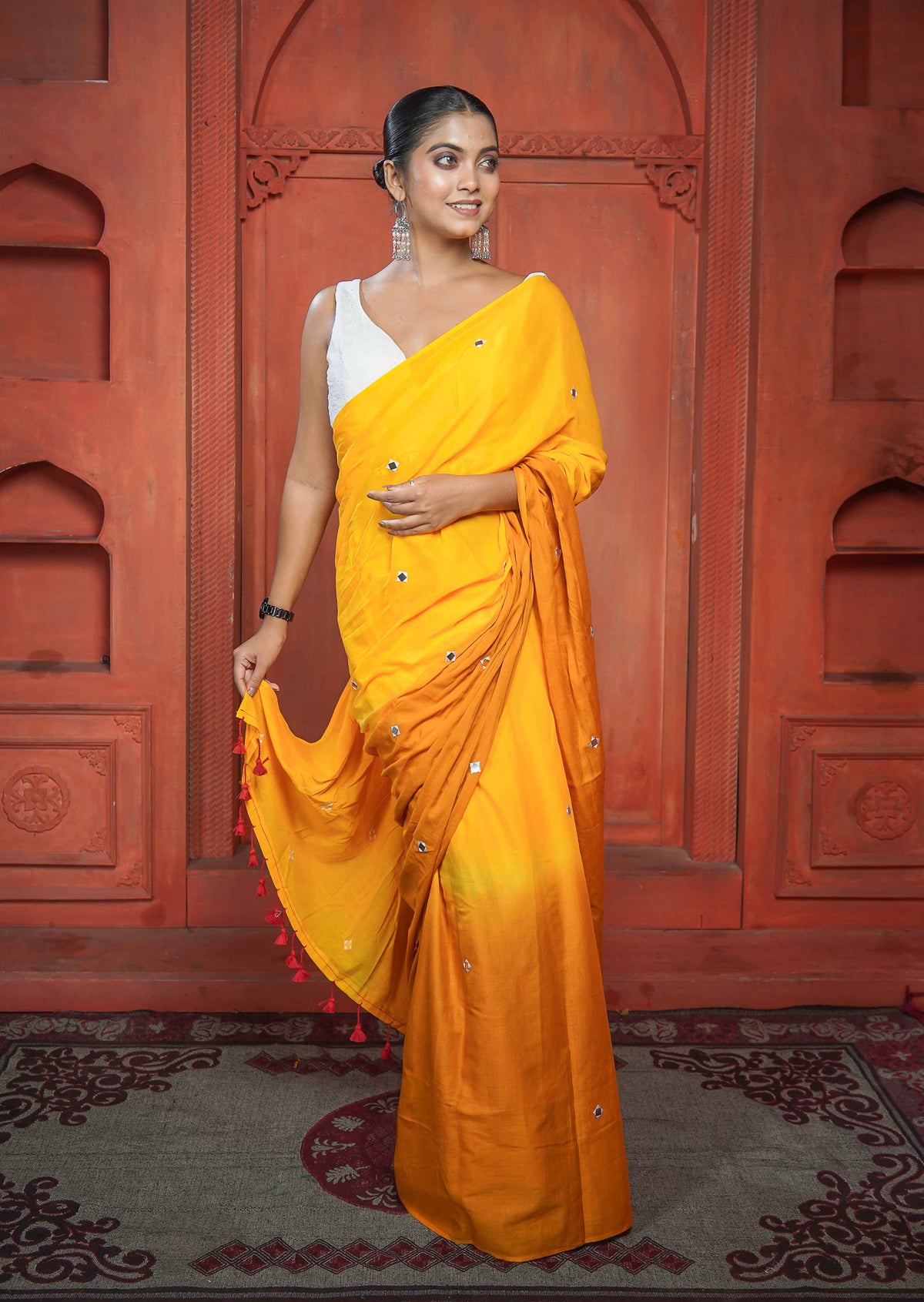 Pure Mul Cotton Mirror Work Saree- Yellow