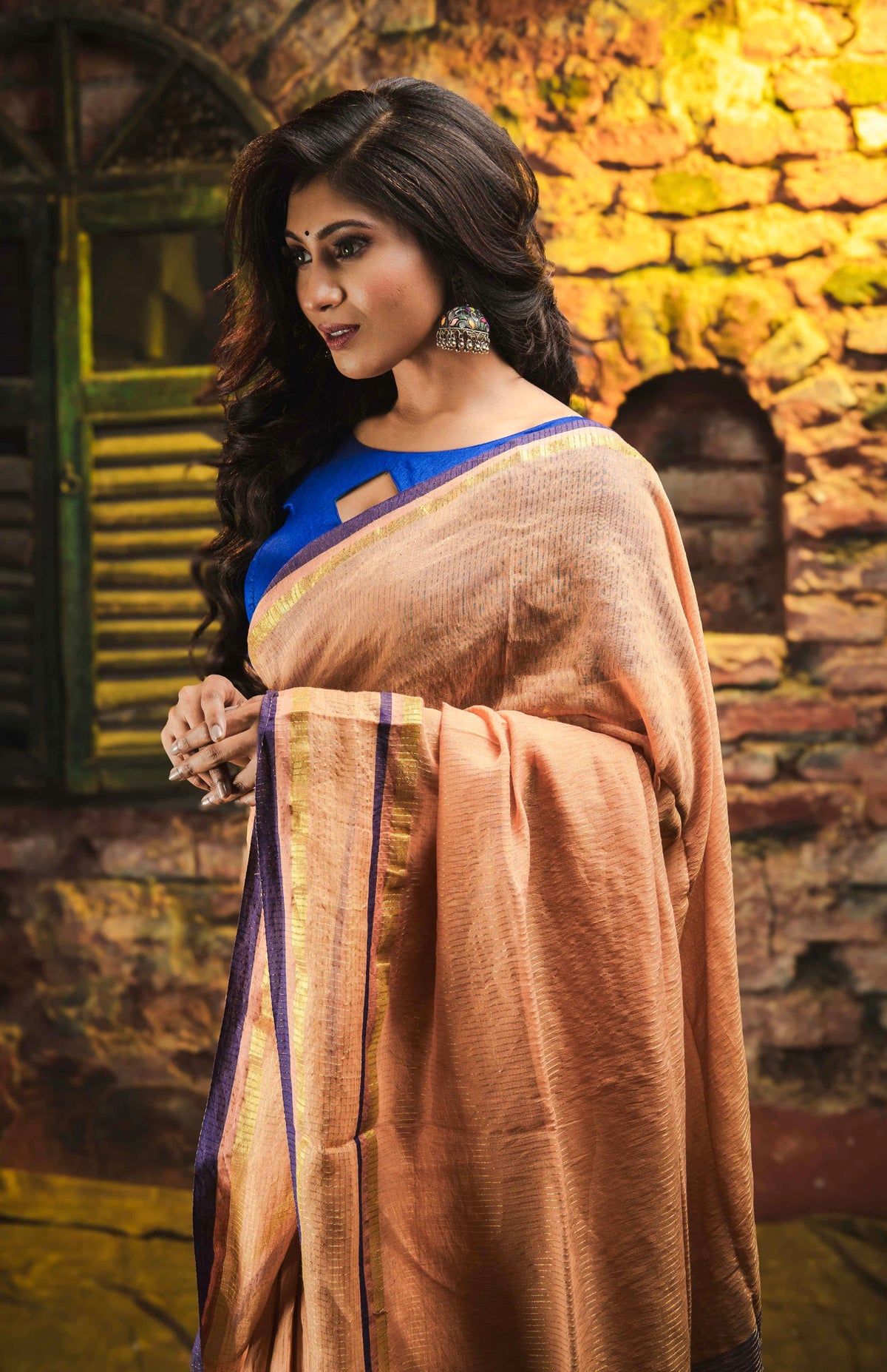 Hemlata Golden Check Mulmul Cotton Saree- Camel Golden