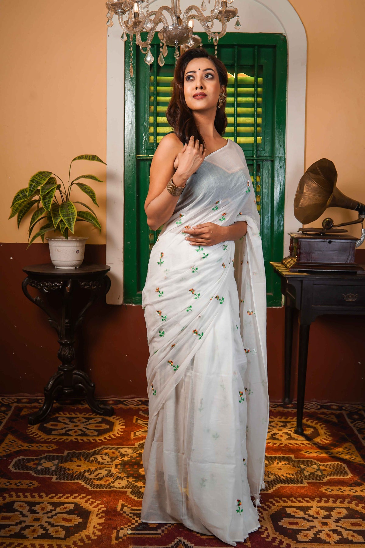 Embroidered Mul Mul Cotton Saree- White