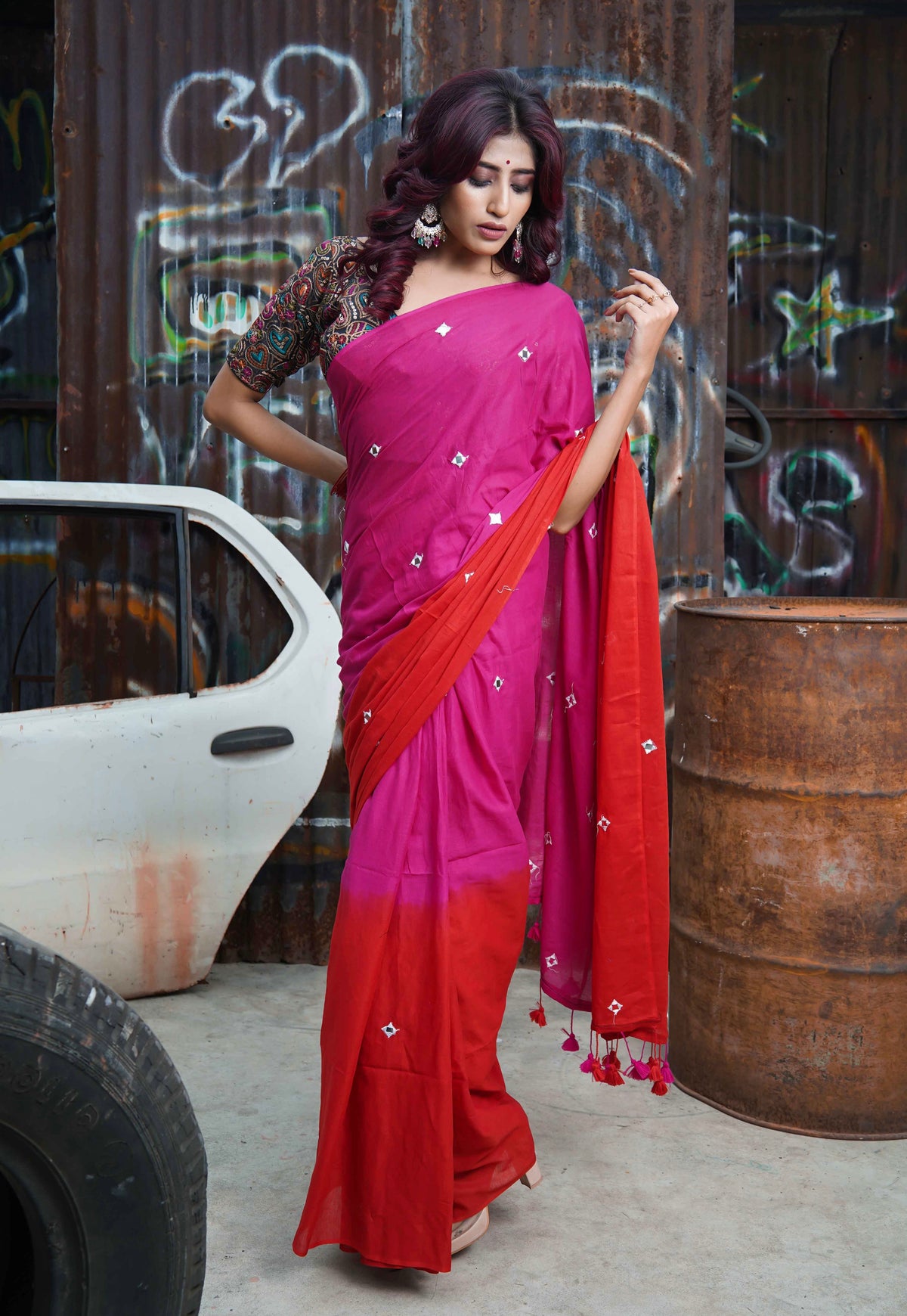 Pure Mul Cotton Mirror Work Saree Red & Rani