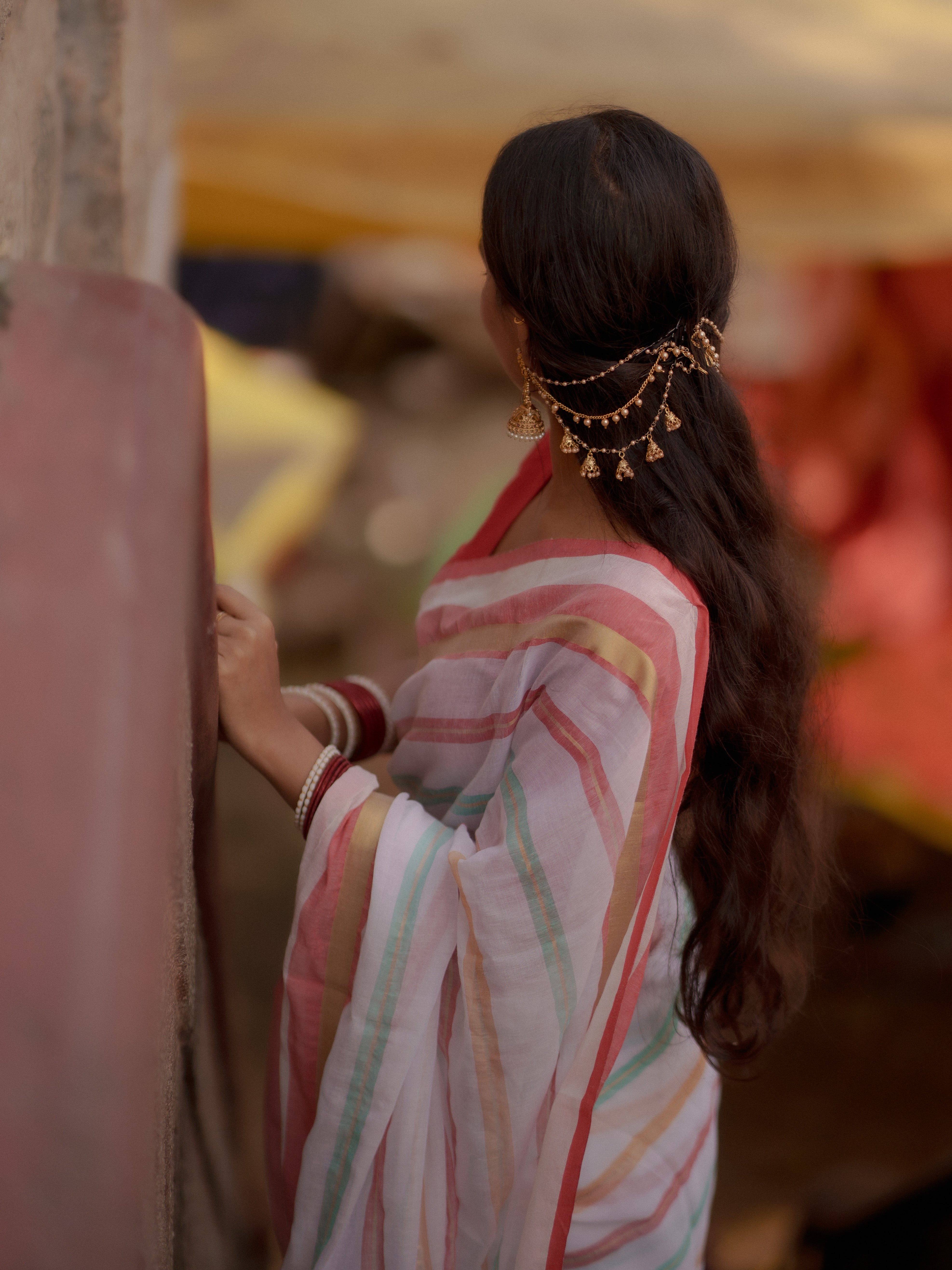White and Red Striped Mul Mul Cotton Saree