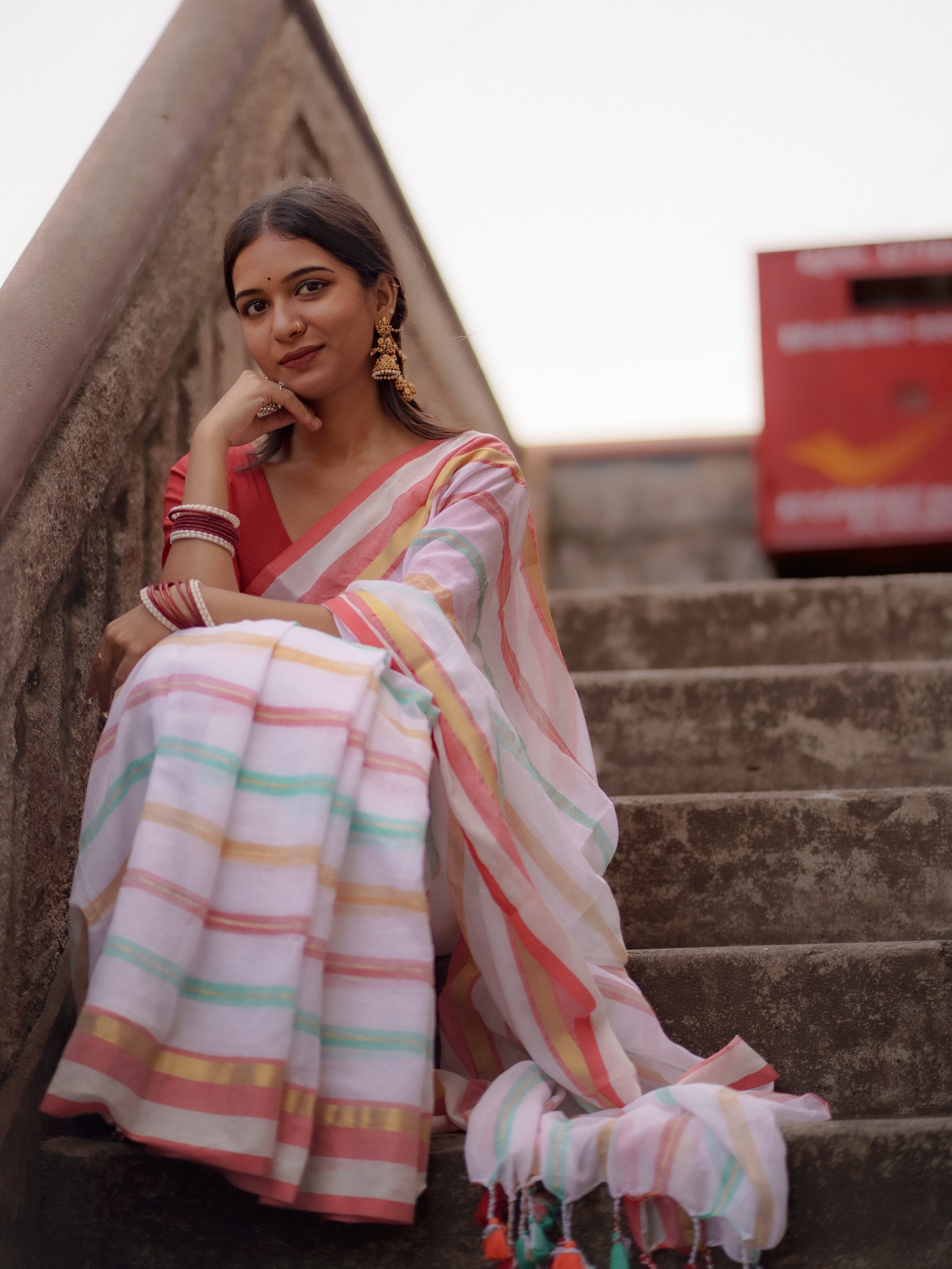 White and Red Striped Mul Mul Cotton Saree
