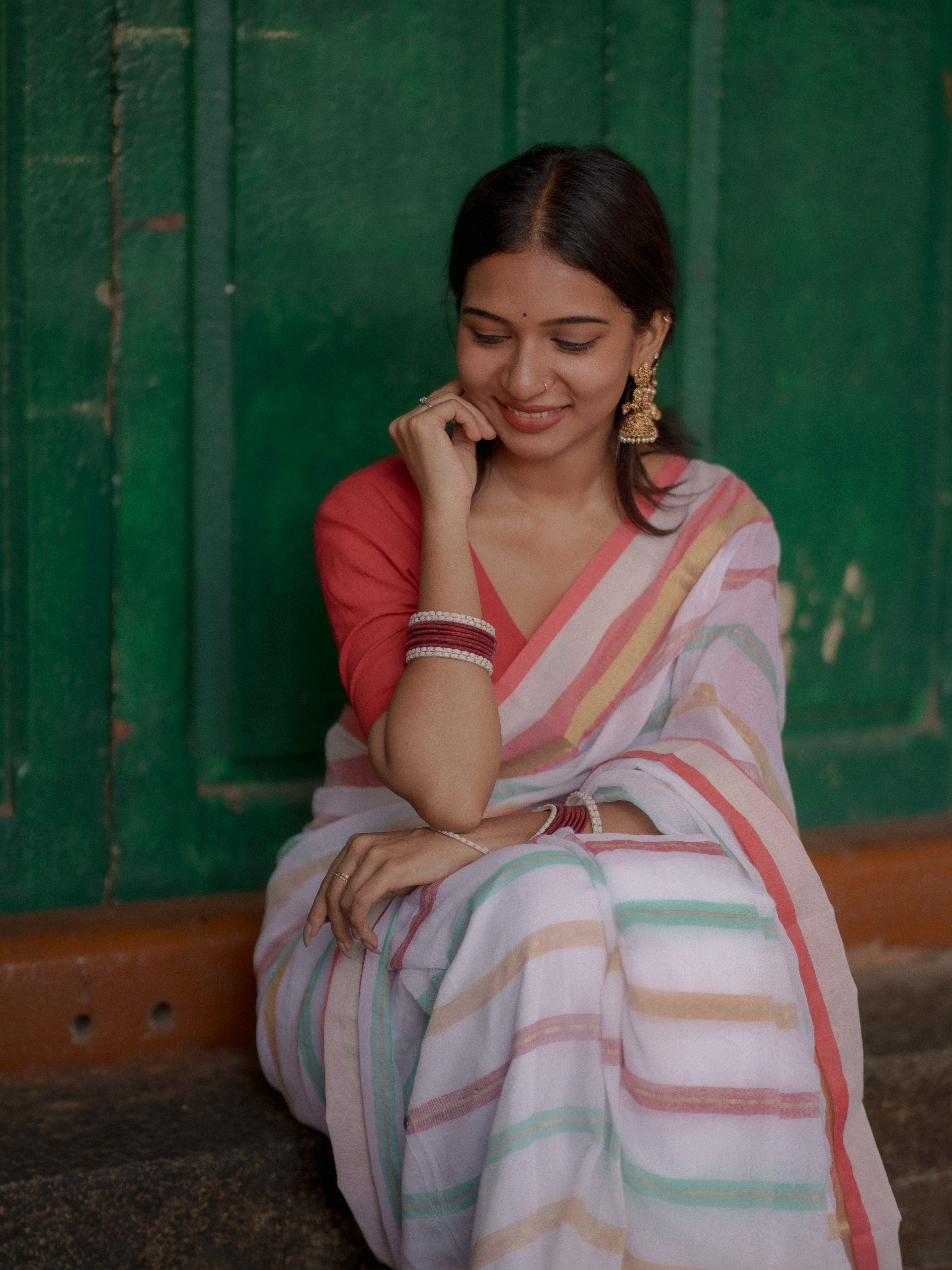 White and Red Striped Mul Mul Cotton Saree