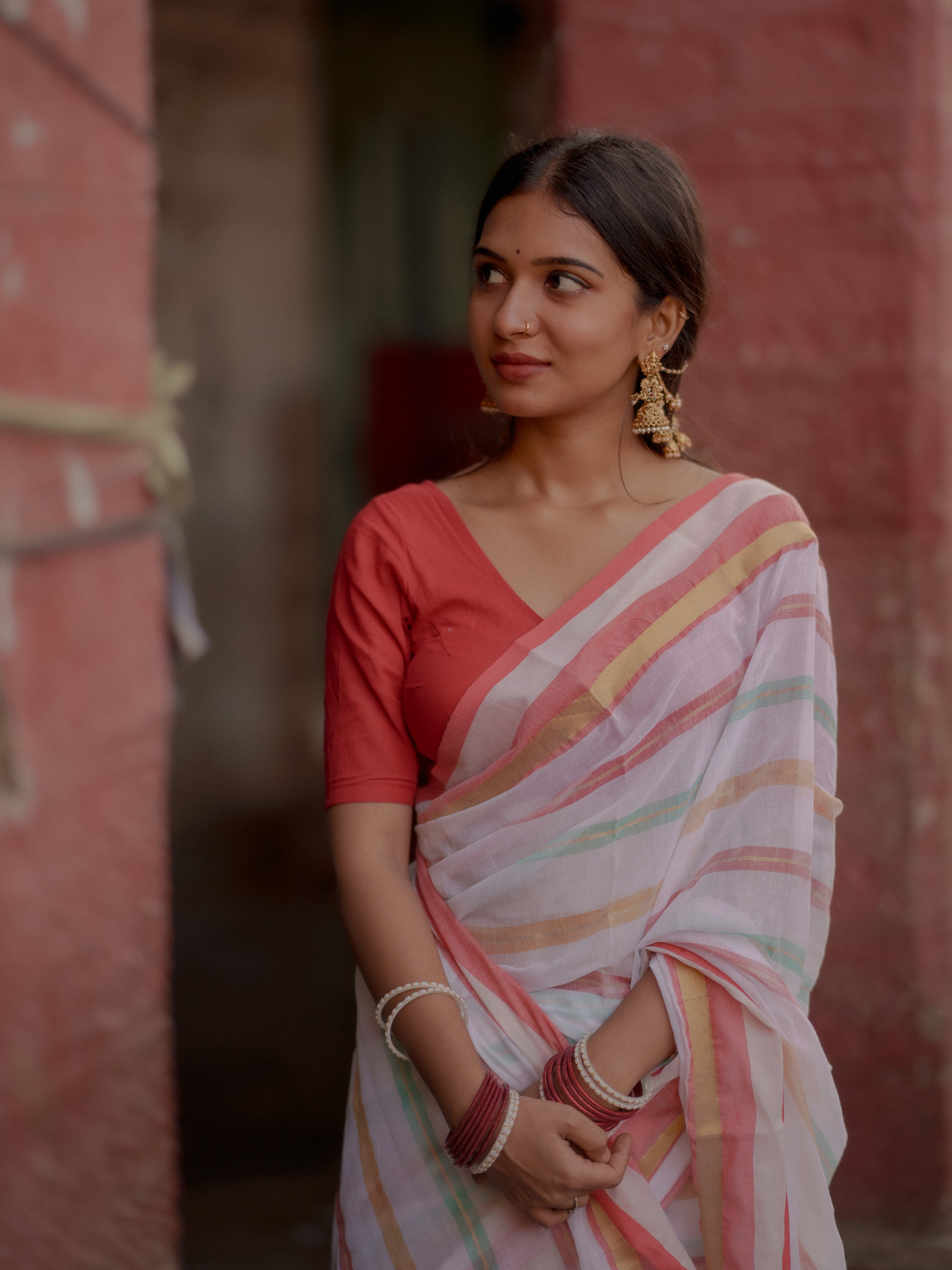 White and Red Striped Mul Mul Cotton Saree