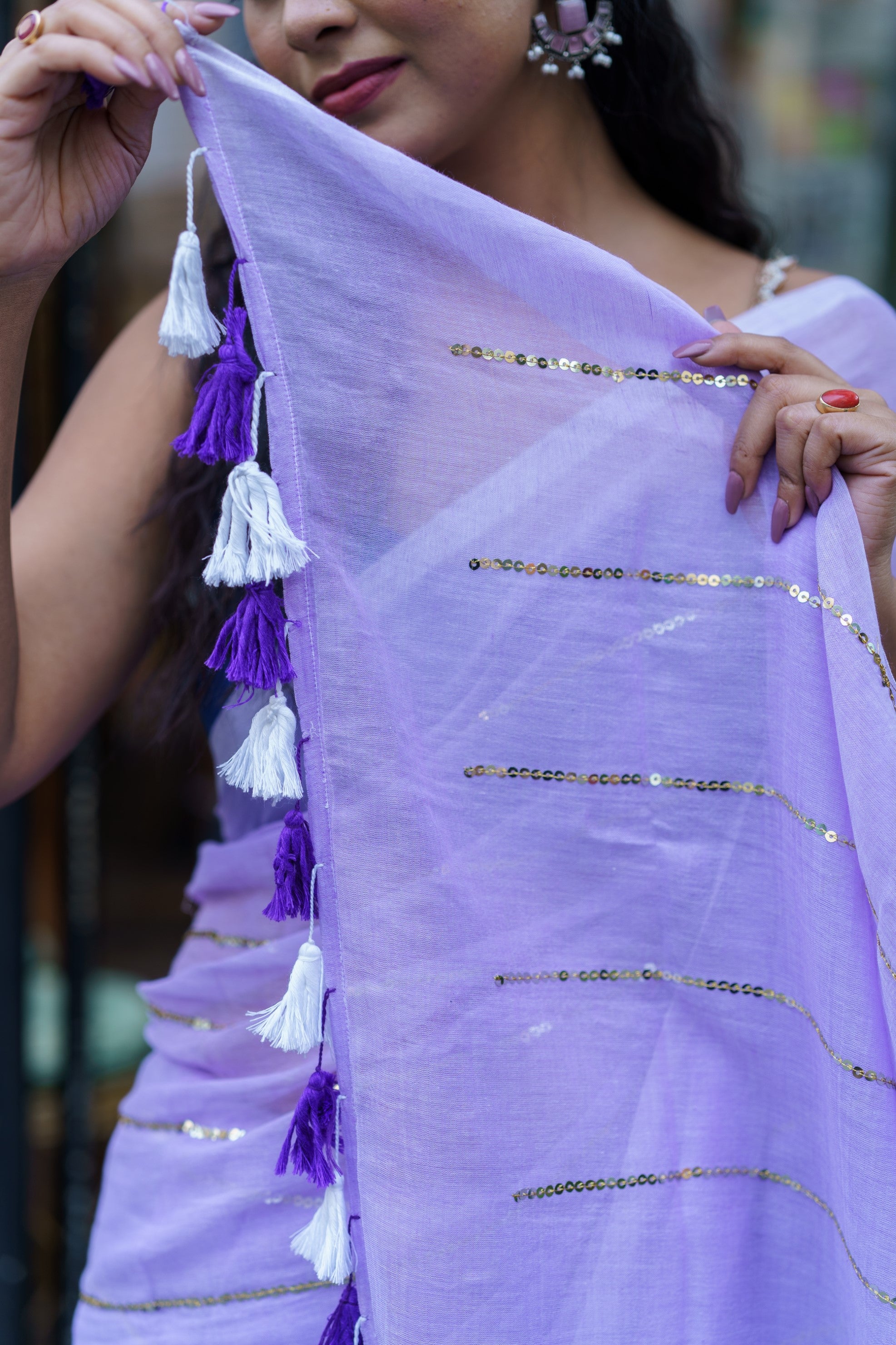 Sequins Work Mul Mul Cotton Saree Lavender