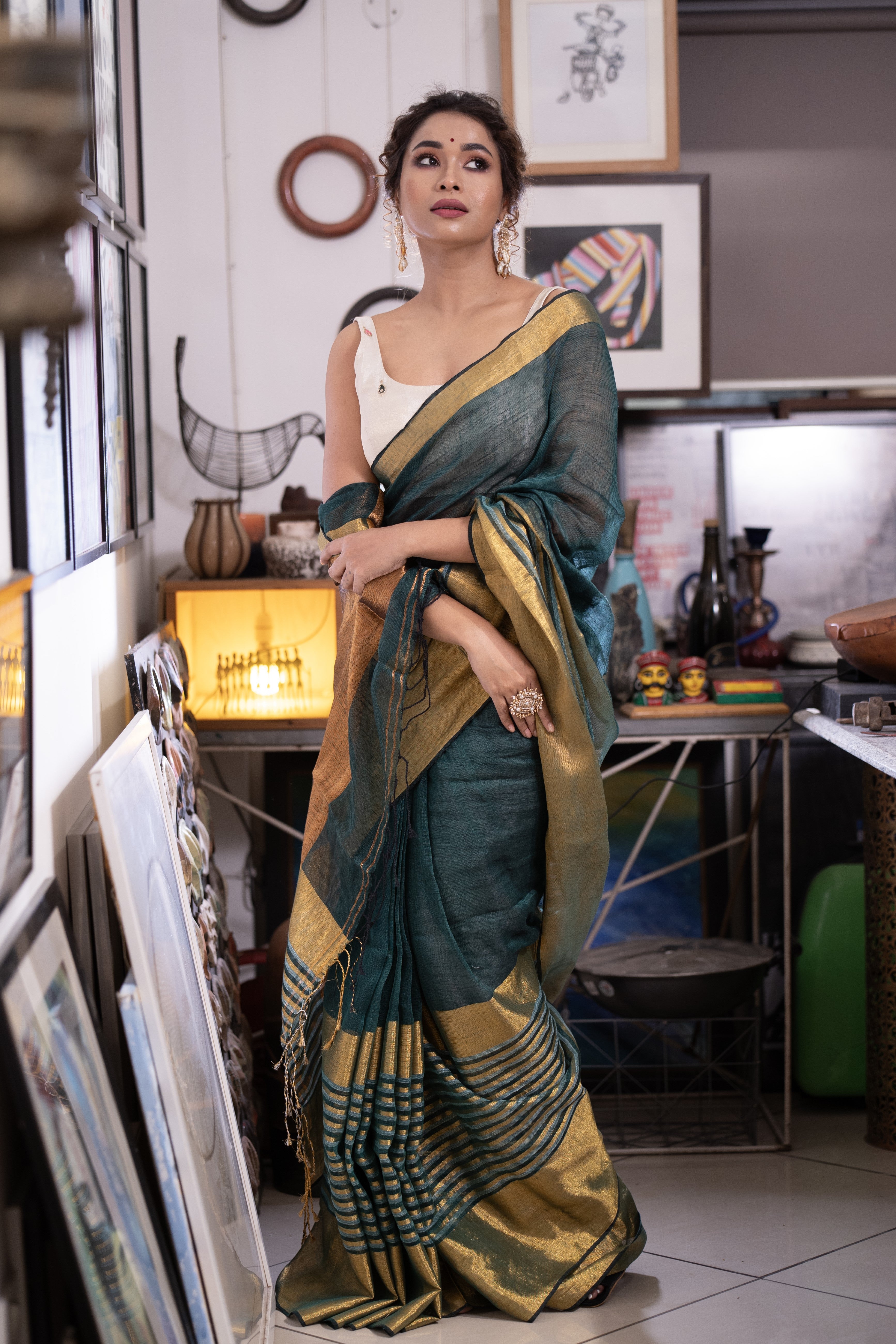 Dark Green Half Half Linen Sarees