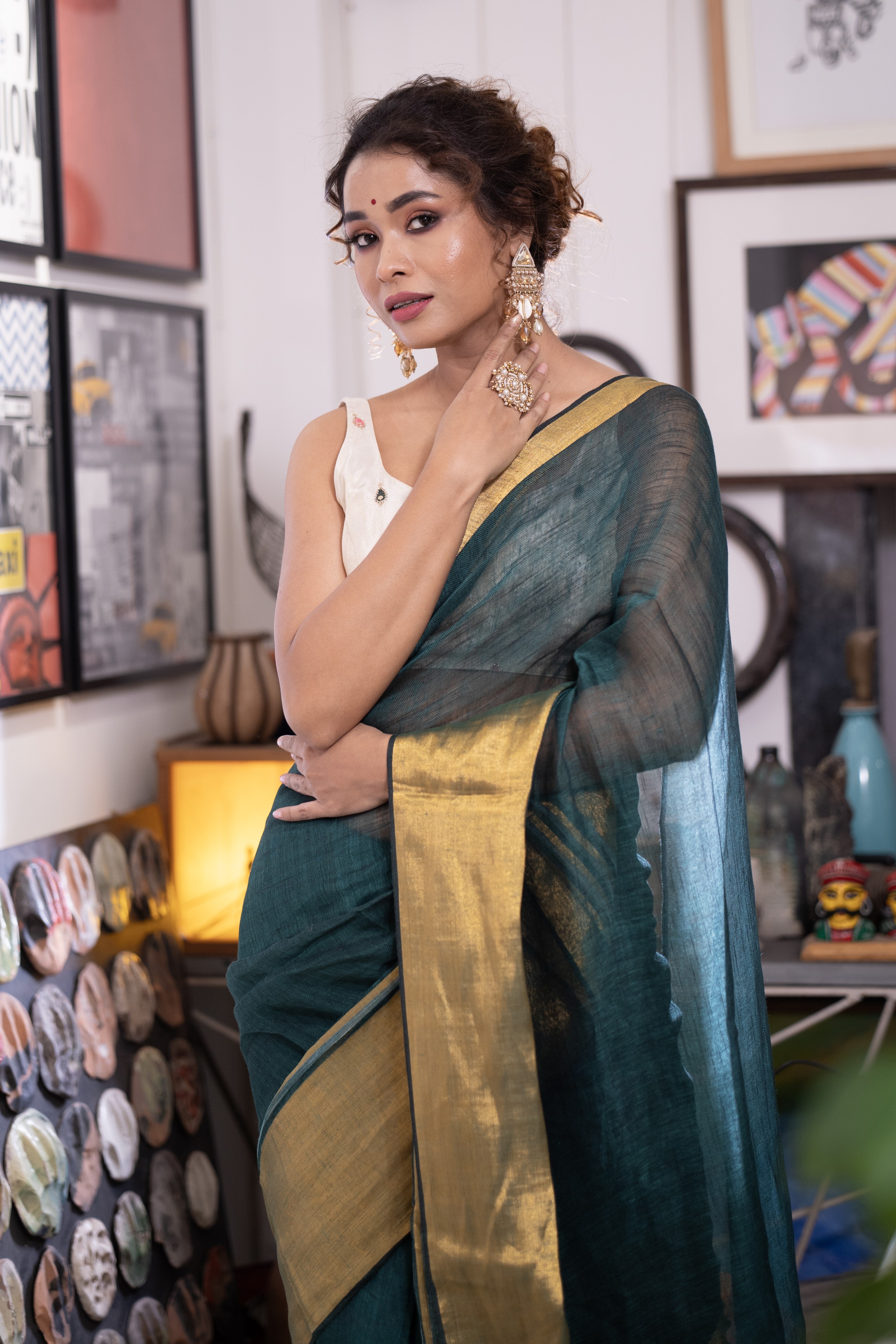 Dark Green Half Half Linen Sarees