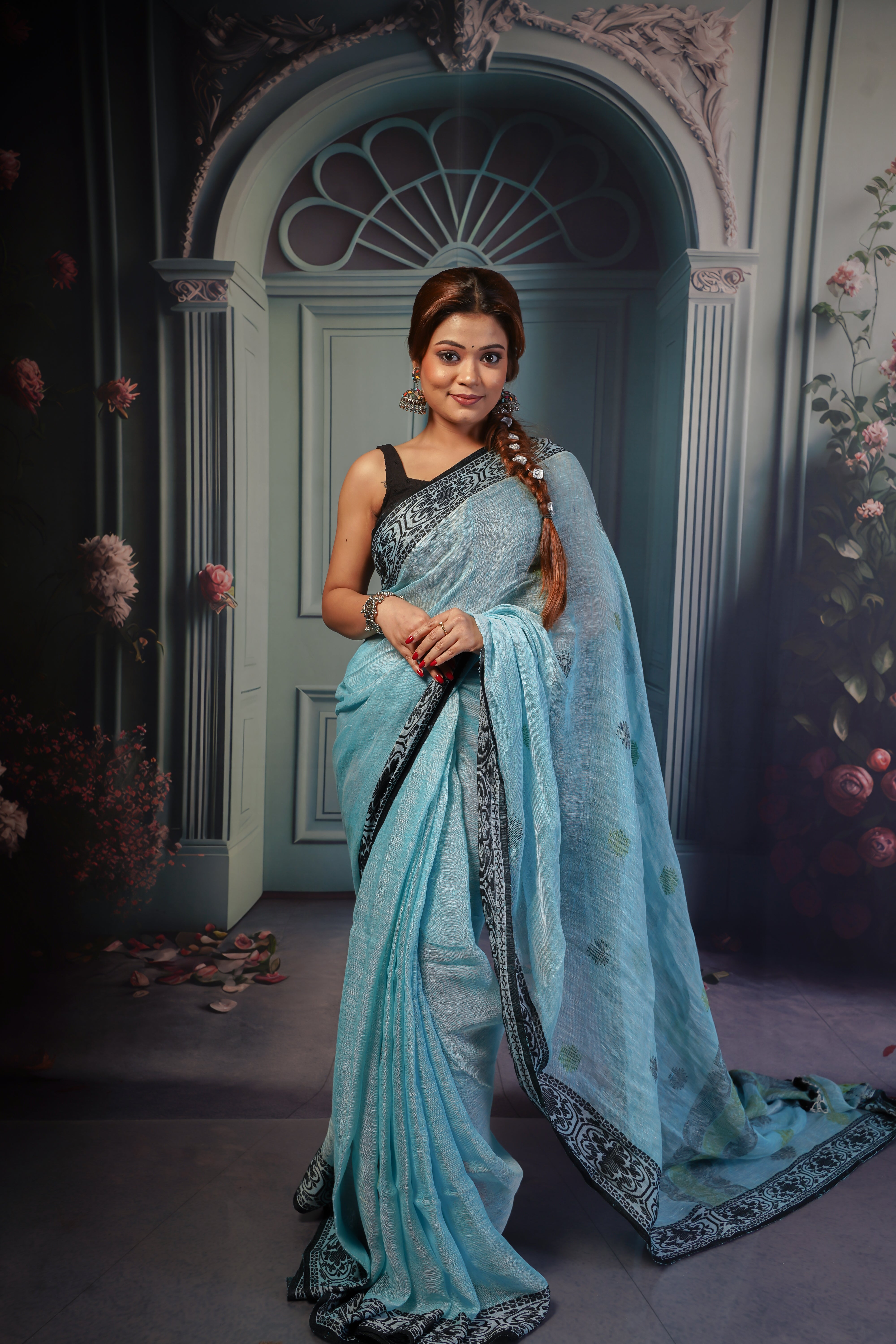 Sky Blue & Black Linen Woven Jamdani Saree