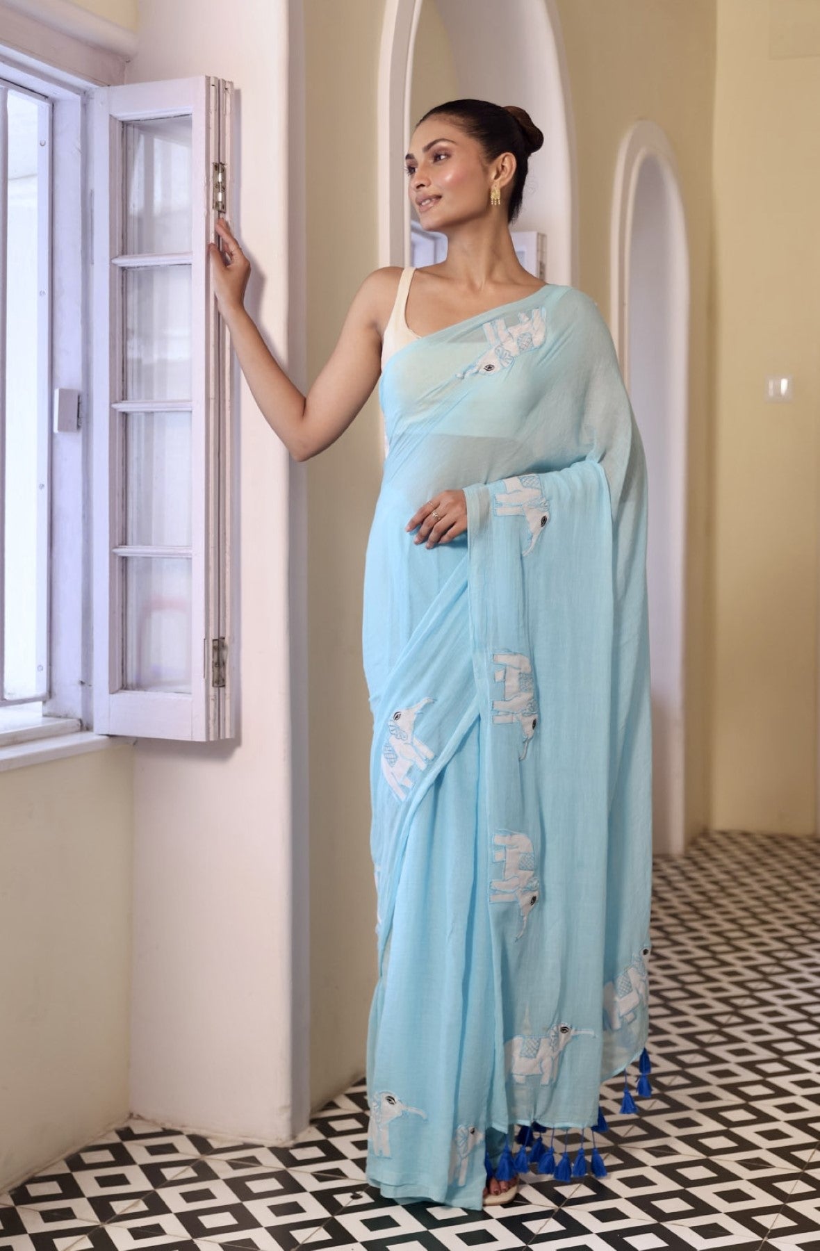 Sky Blue Mulmul Cotton Saree with Elephant Applique Work
