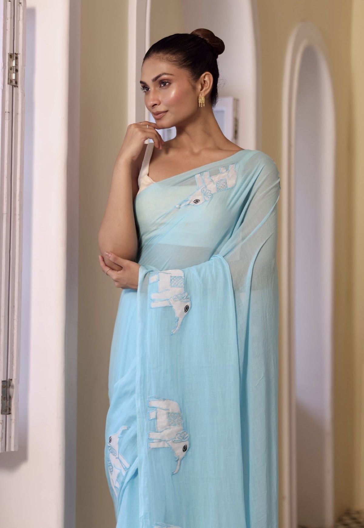 Sky Blue Mulmul Cotton Saree with Elephant Applique Work