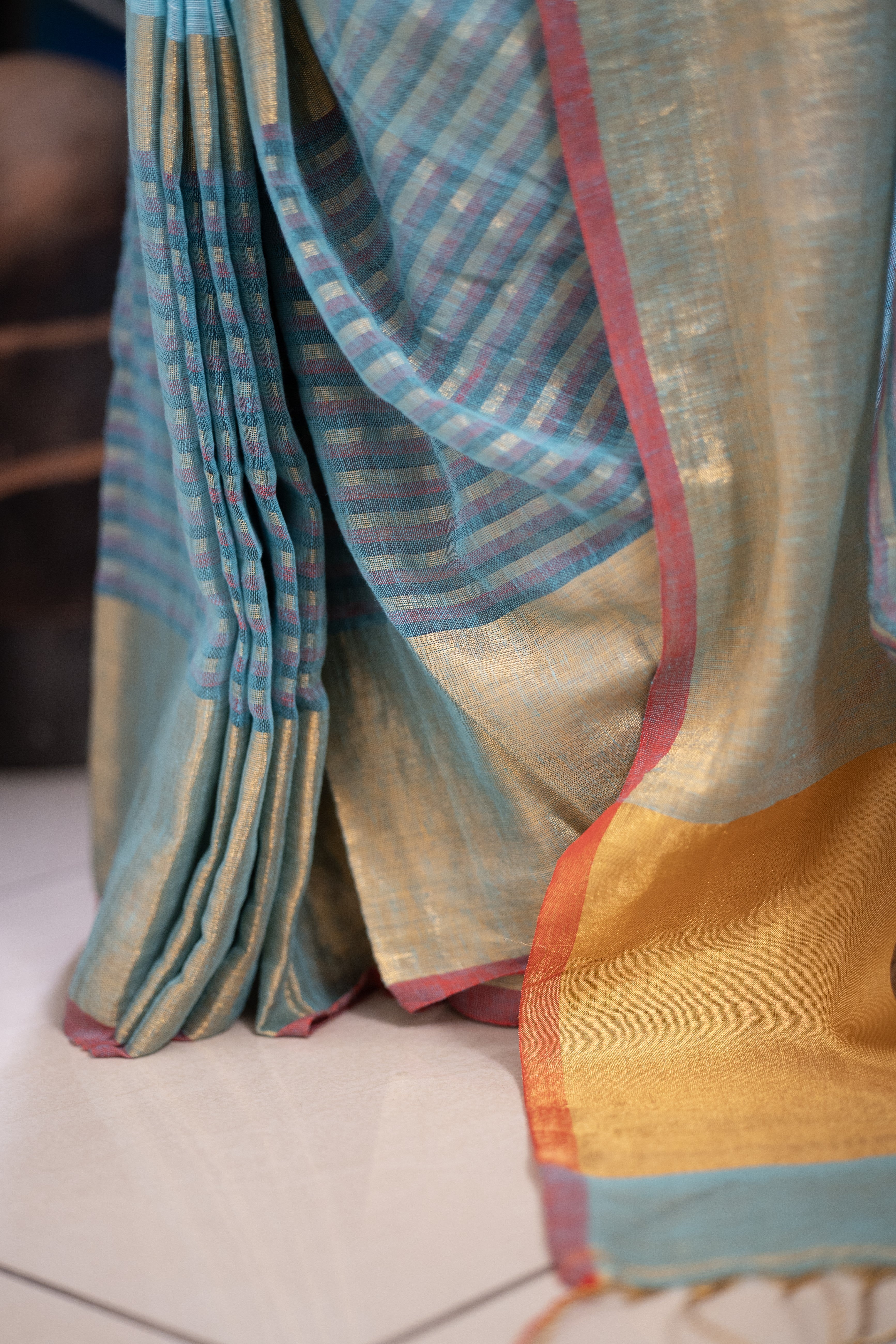 Sky Blue Half Half Linen Sarees