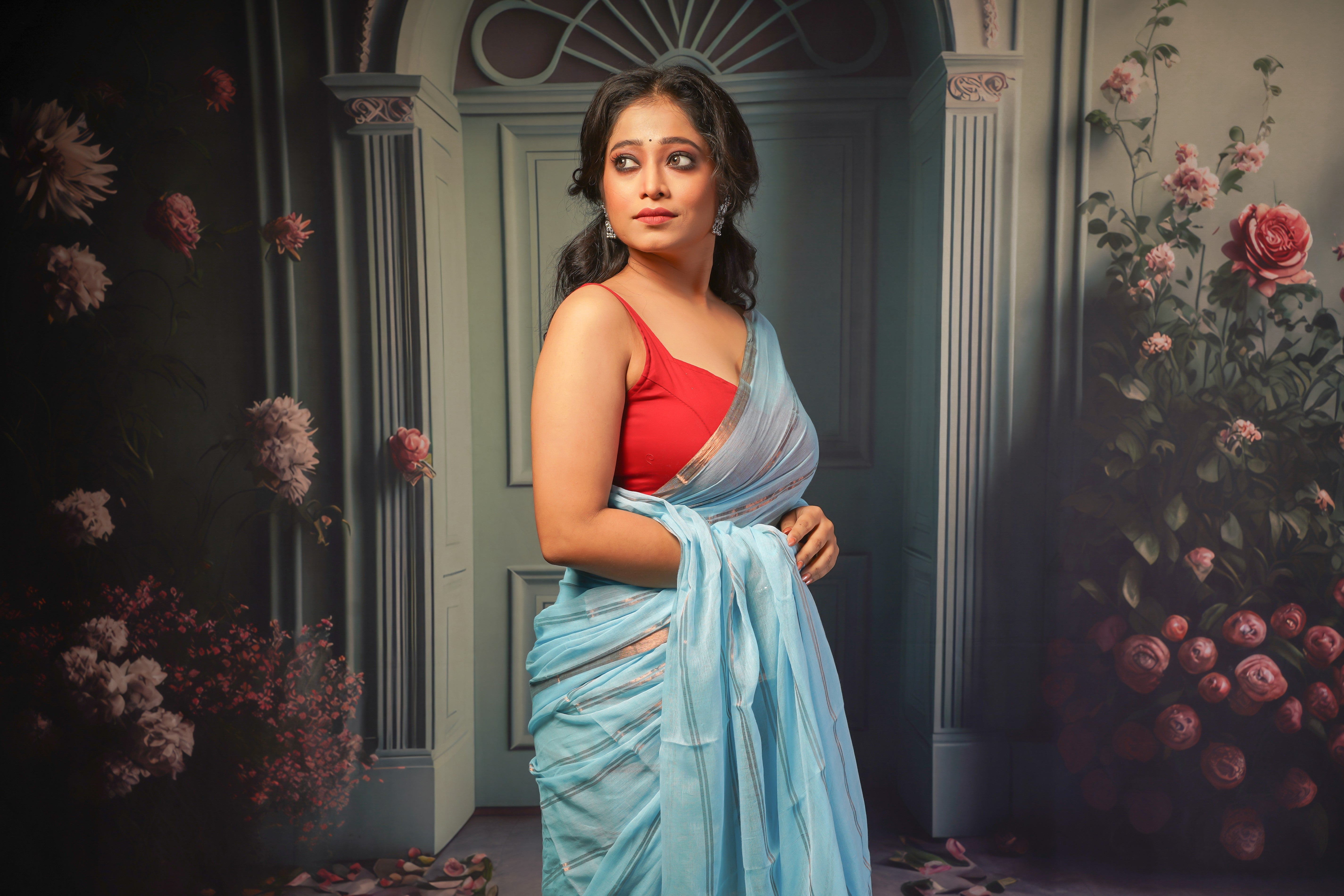 Sky Blue Striped Mul Mul Cotton Saree