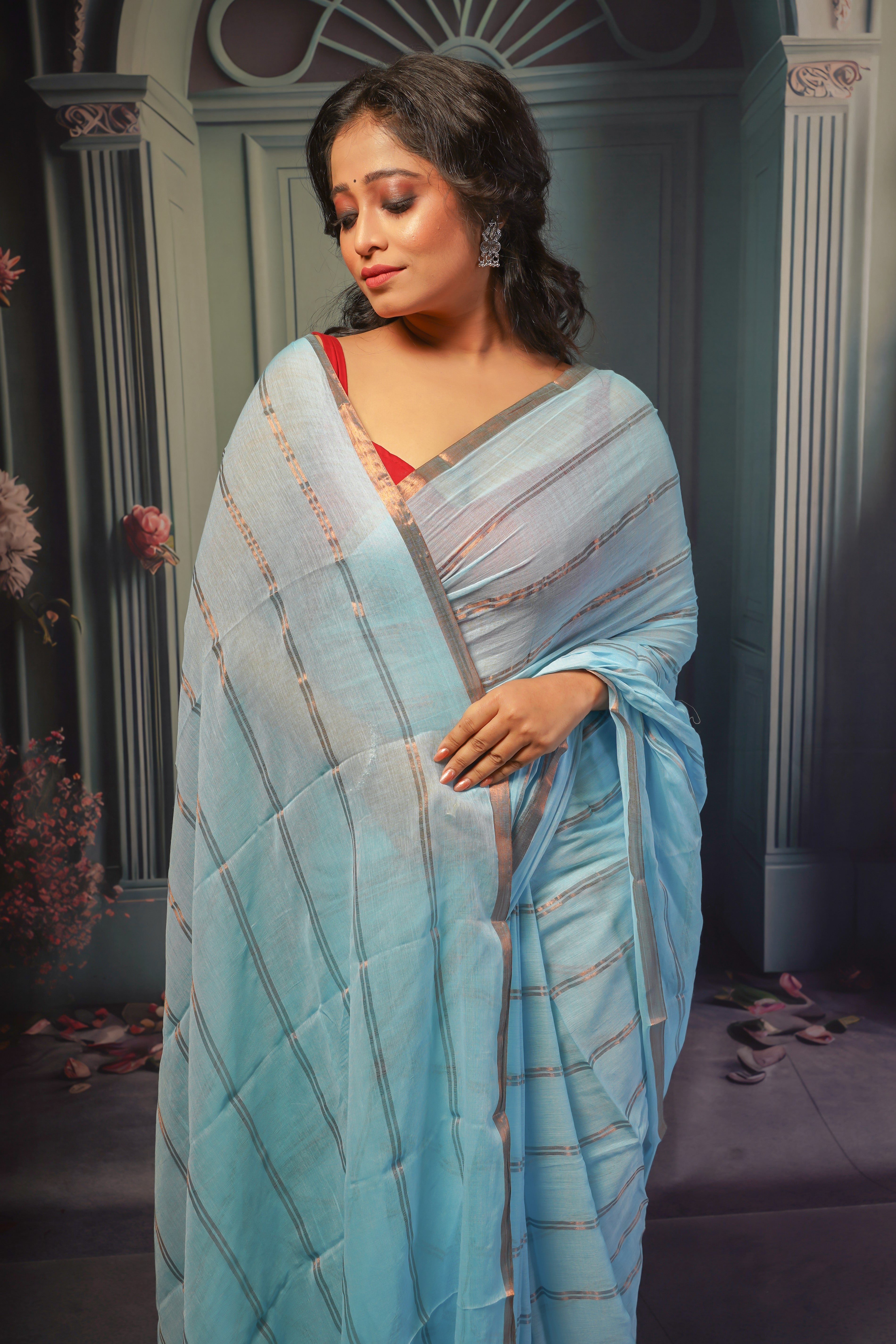 Sky Blue Striped Mul Mul Cotton Saree