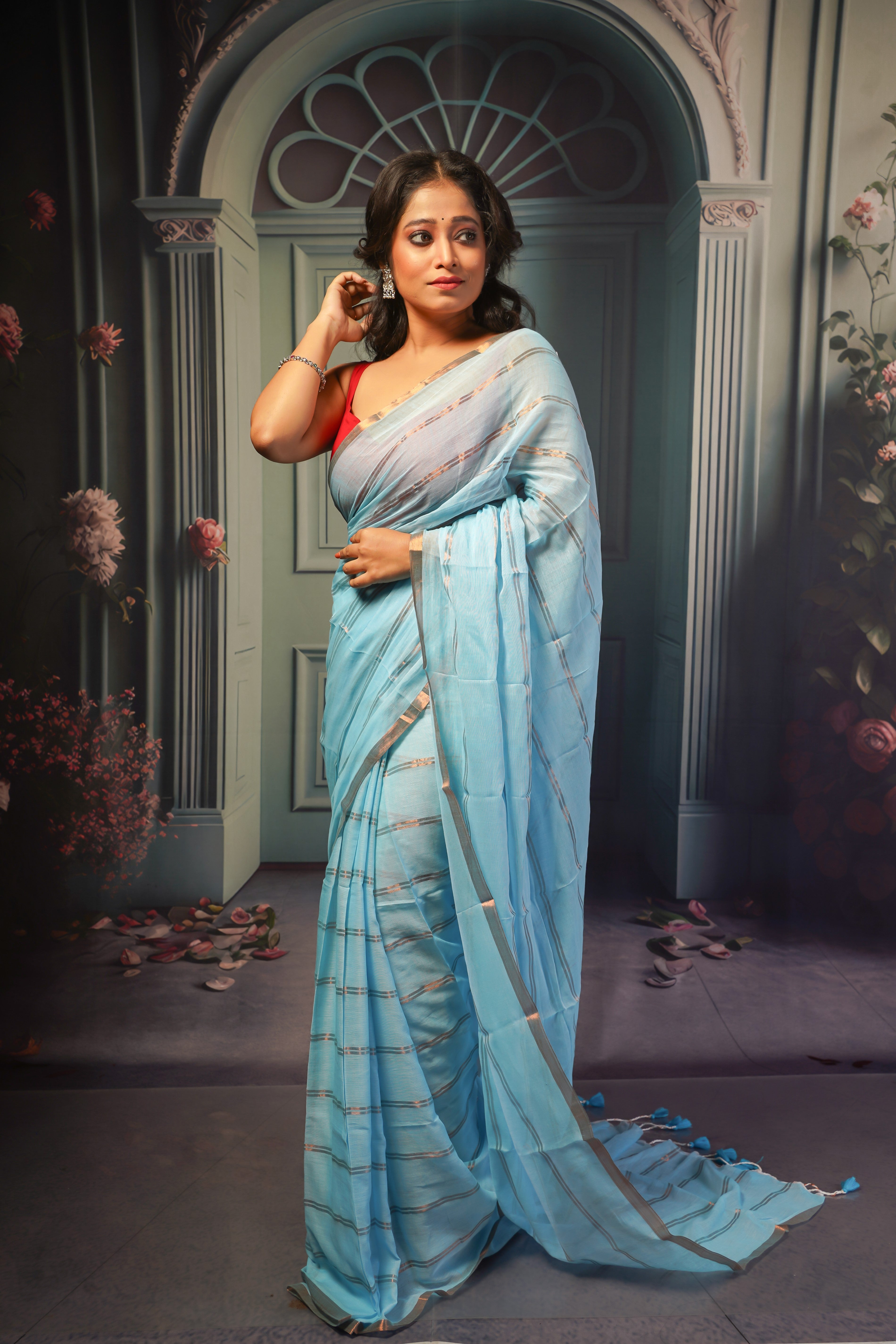 Sky Blue Striped Mul Mul Cotton Saree