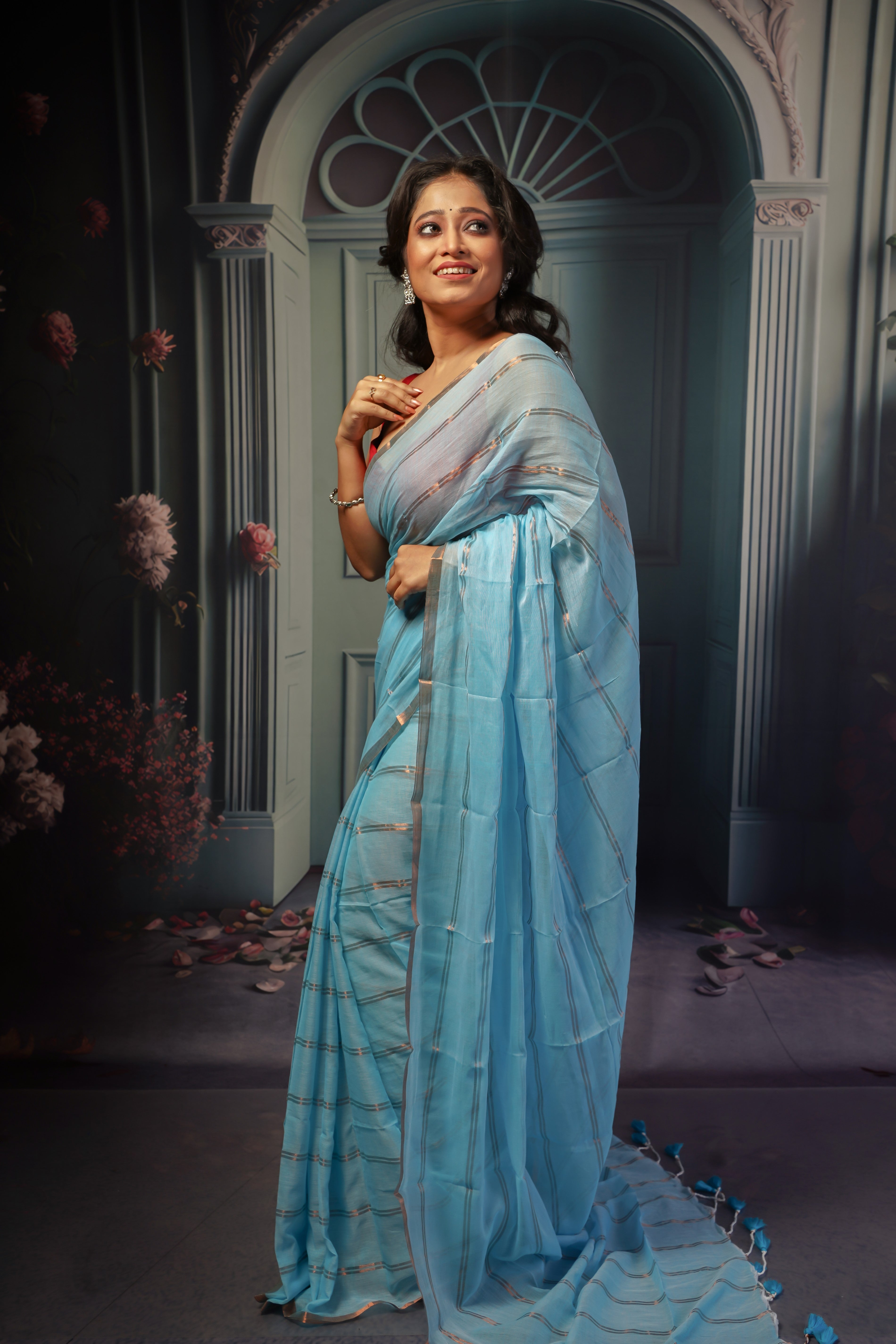 Sky Blue Striped Mul Mul Cotton Saree