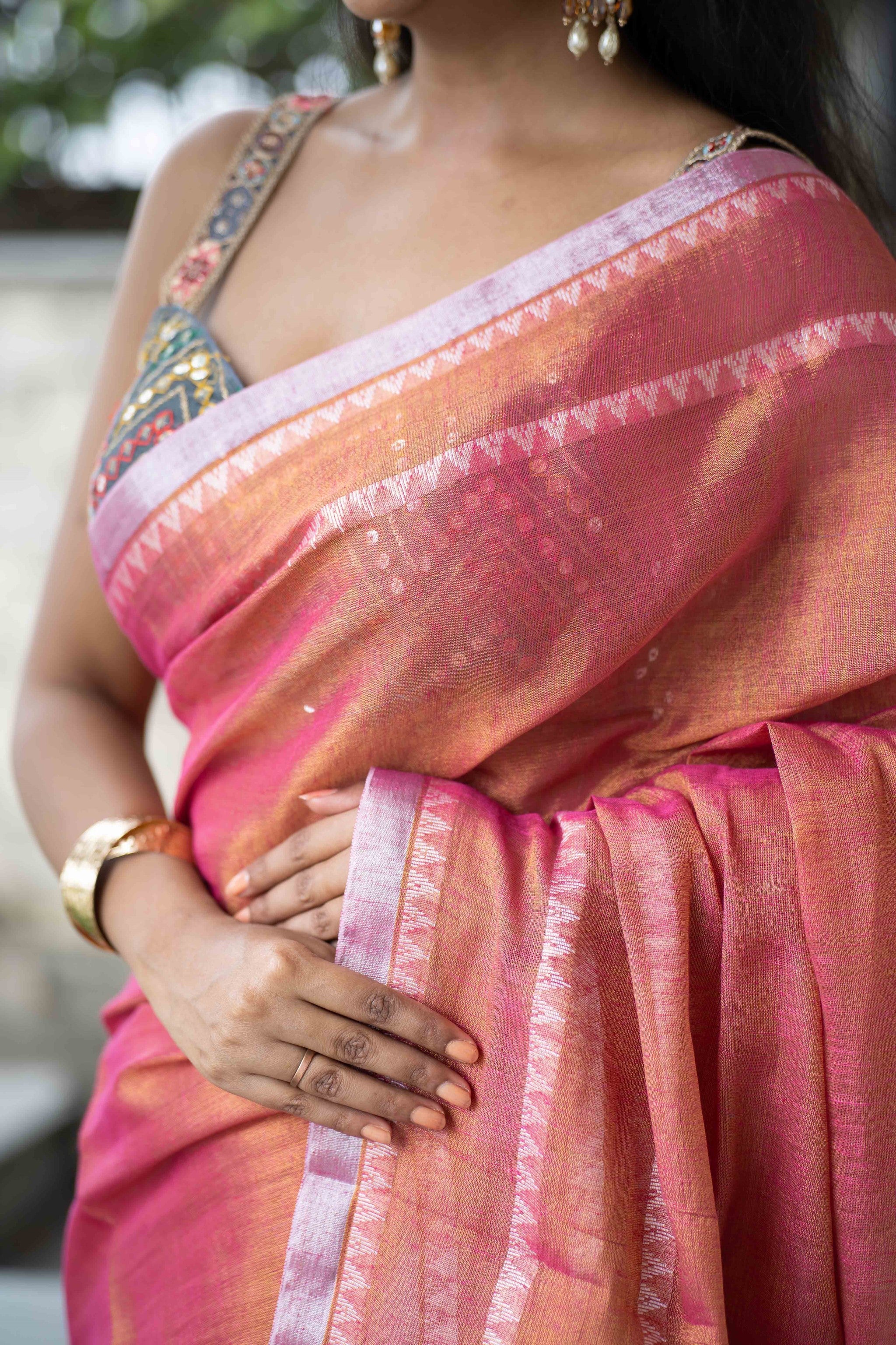 Strawberry Pink Dual Tone Handwoven Tissue Linen Saree with Blouse Piece