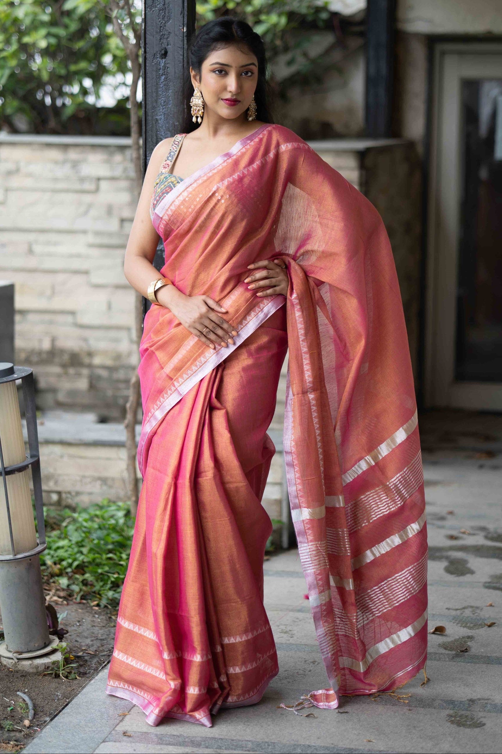 Strawberry Pink Dual Tone Handwoven Tissue Linen Saree with Blouse Piece