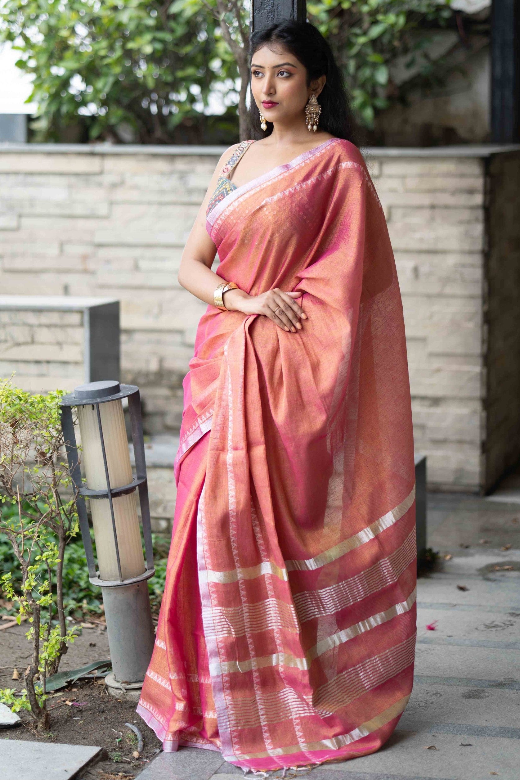 Strawberry Pink Dual Tone Handwoven Tissue Linen Saree with Blouse Piece
