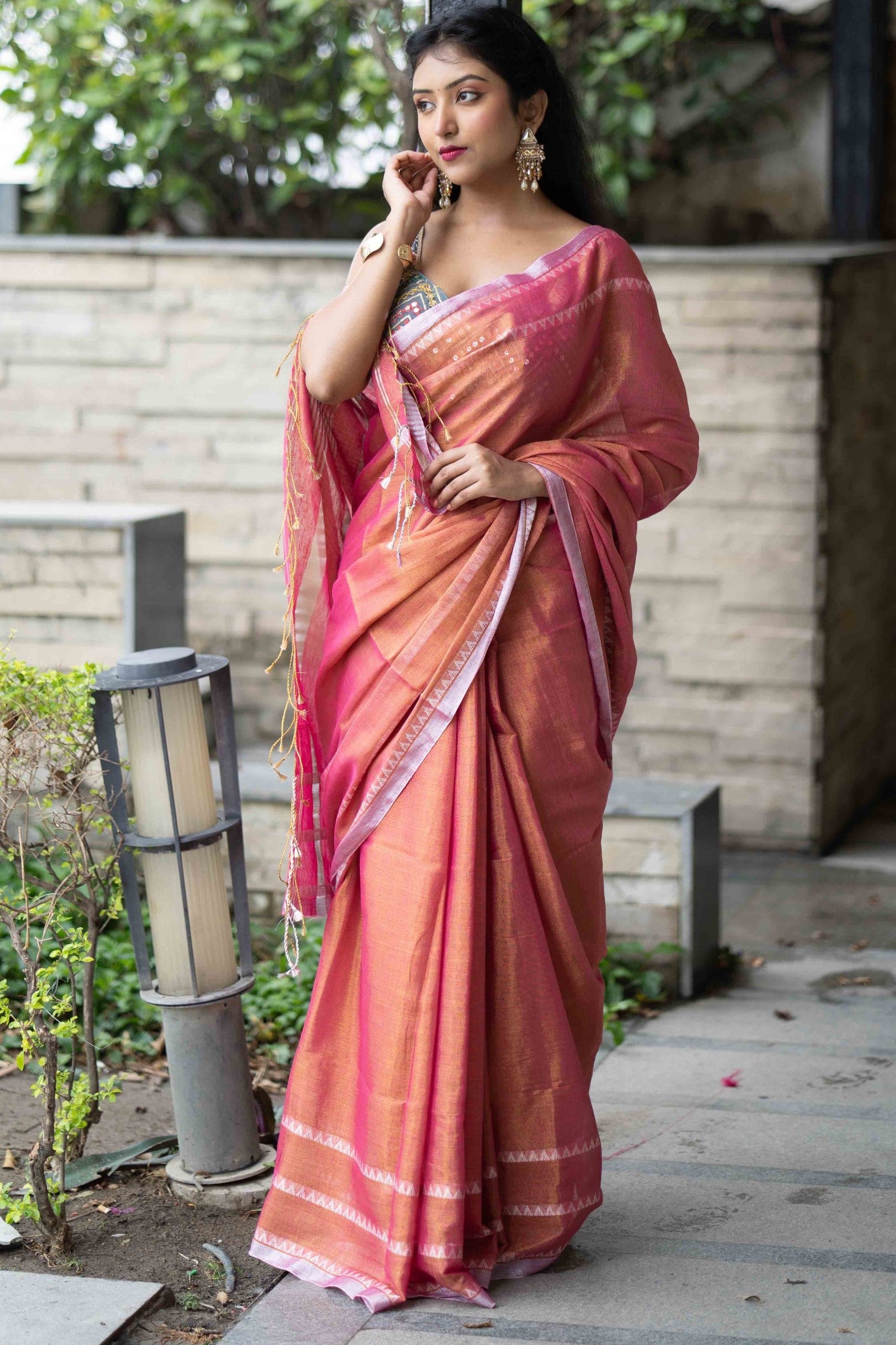 Strawberry Pink Dual Tone Handwoven Tissue Linen Saree with Blouse Piece