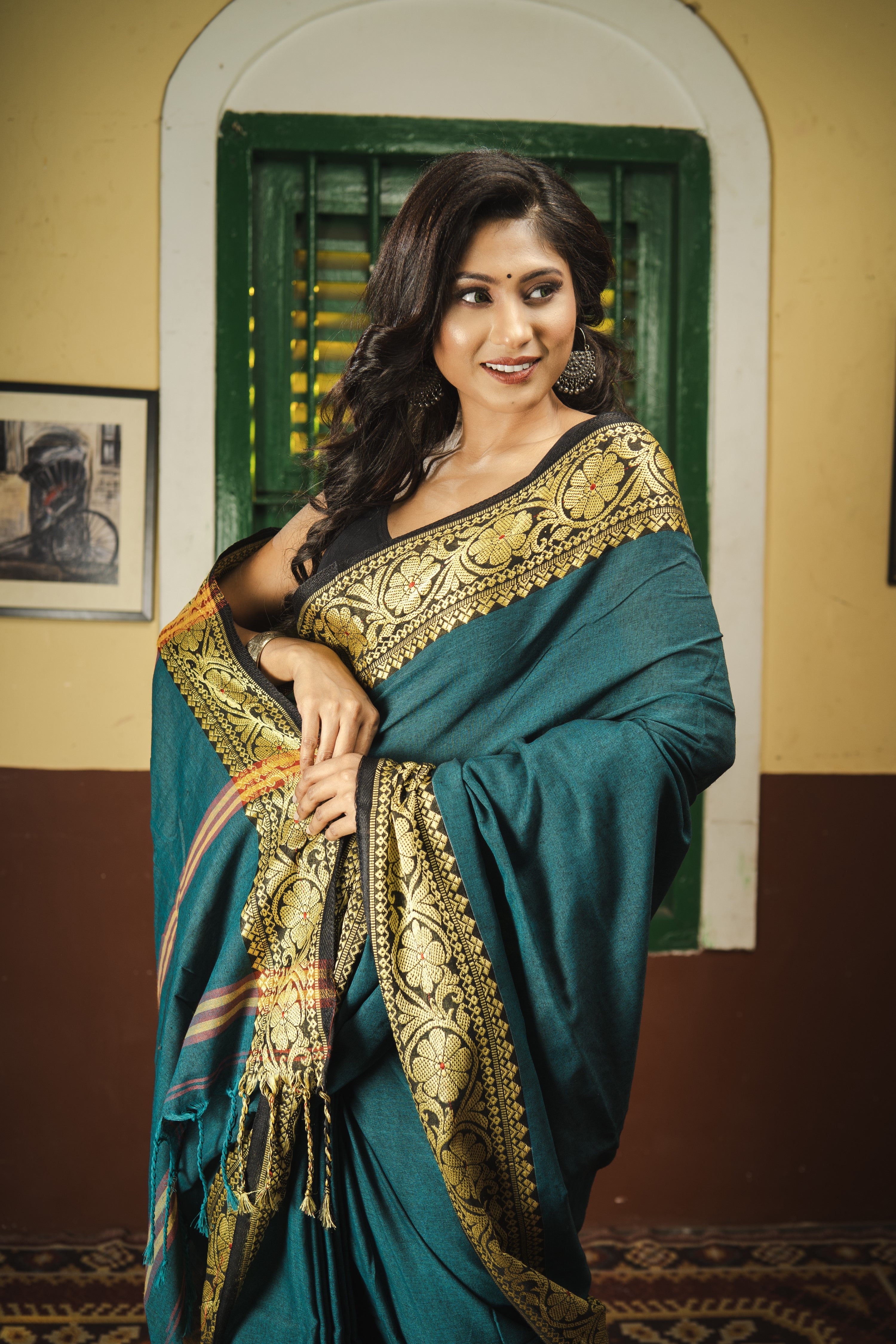 Teal Handwoven Pure Cotton Saree