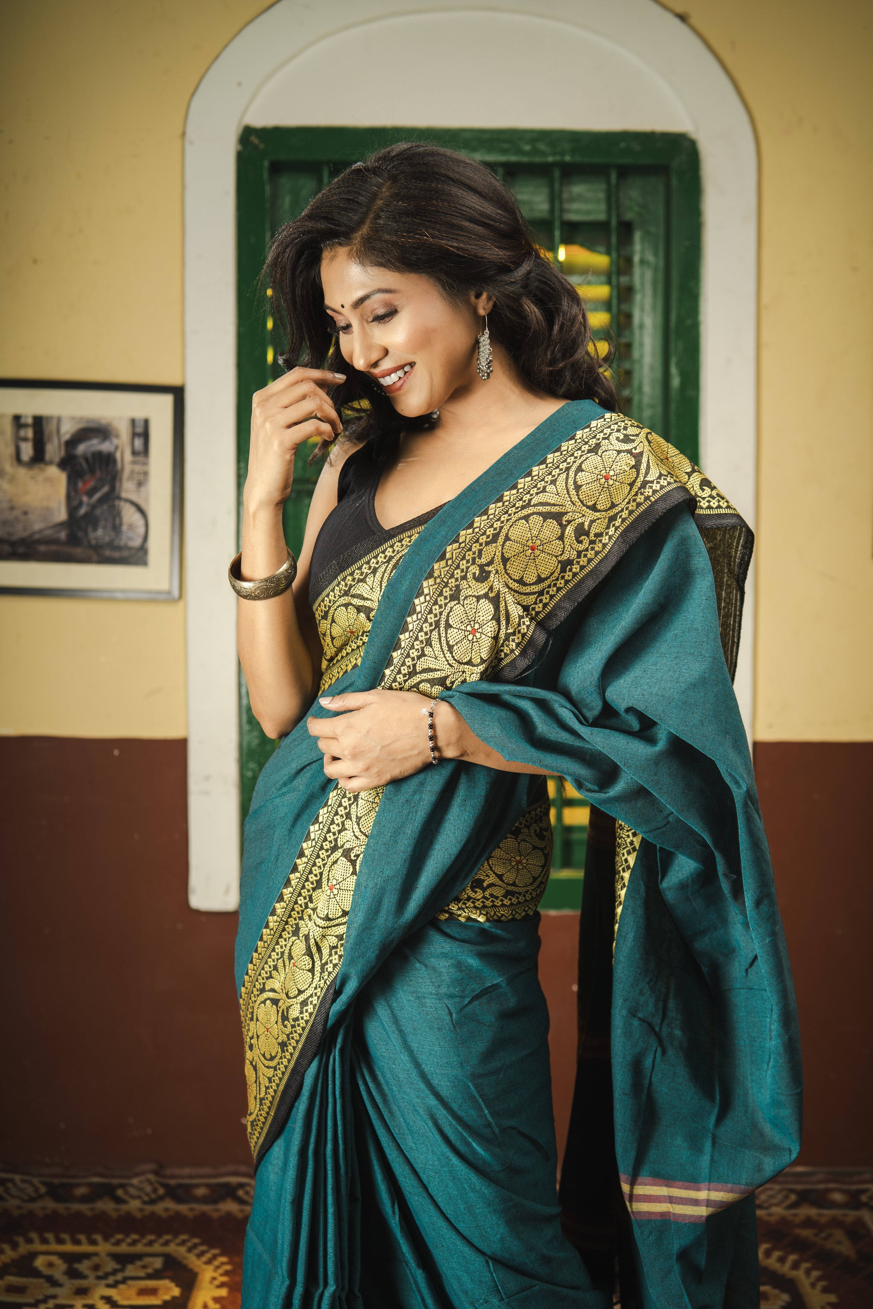 Teal Handwoven Pure Cotton Saree
