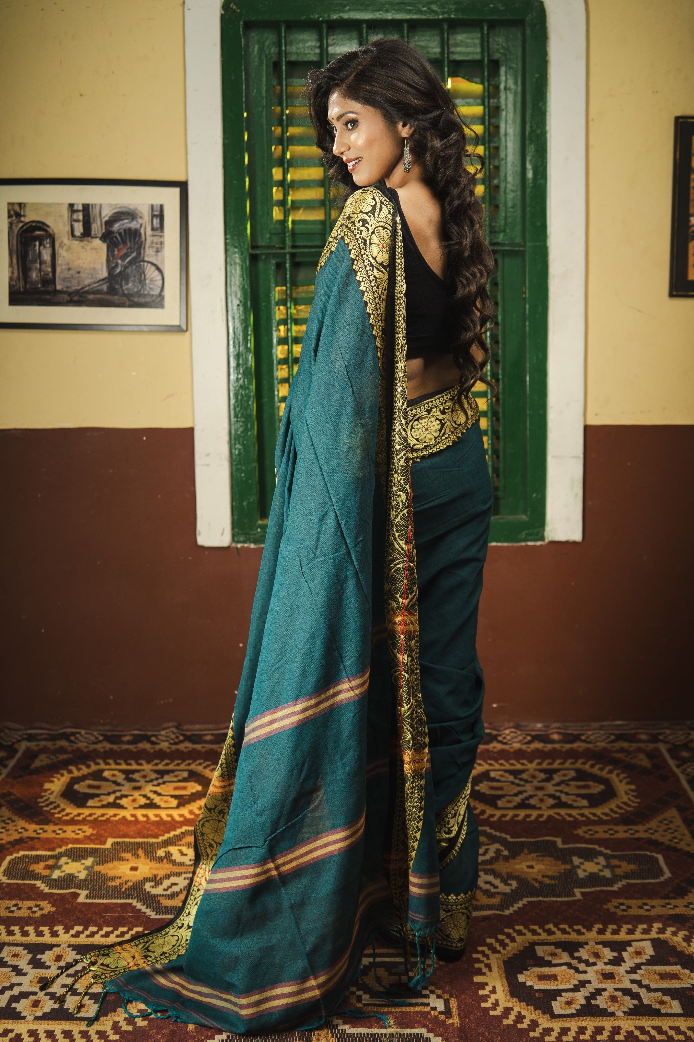 Teal Handweaving Pure Cotton Saree with blouse piece
