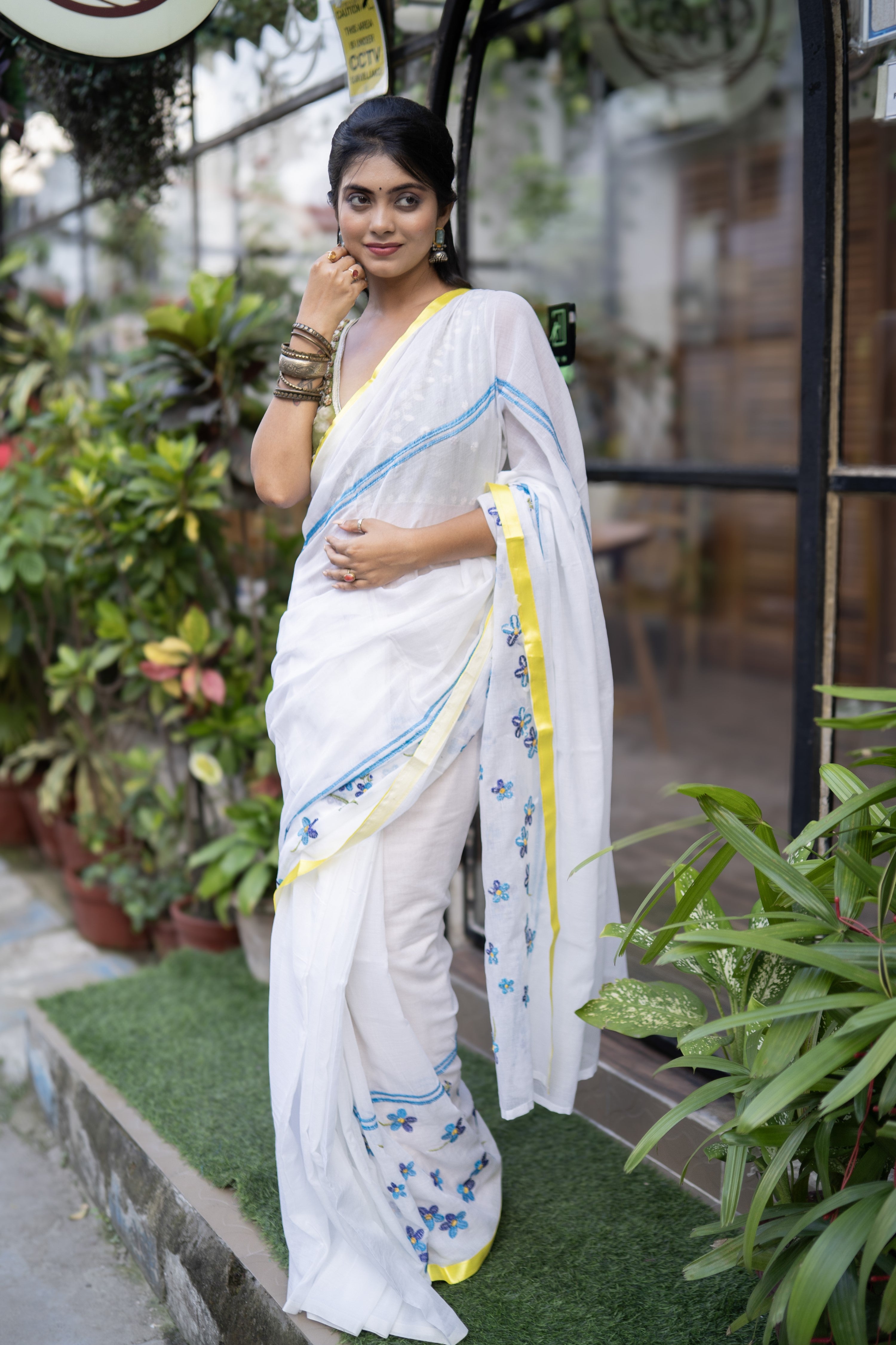 White Mul Mul Cotton Saree With Embroidery Work