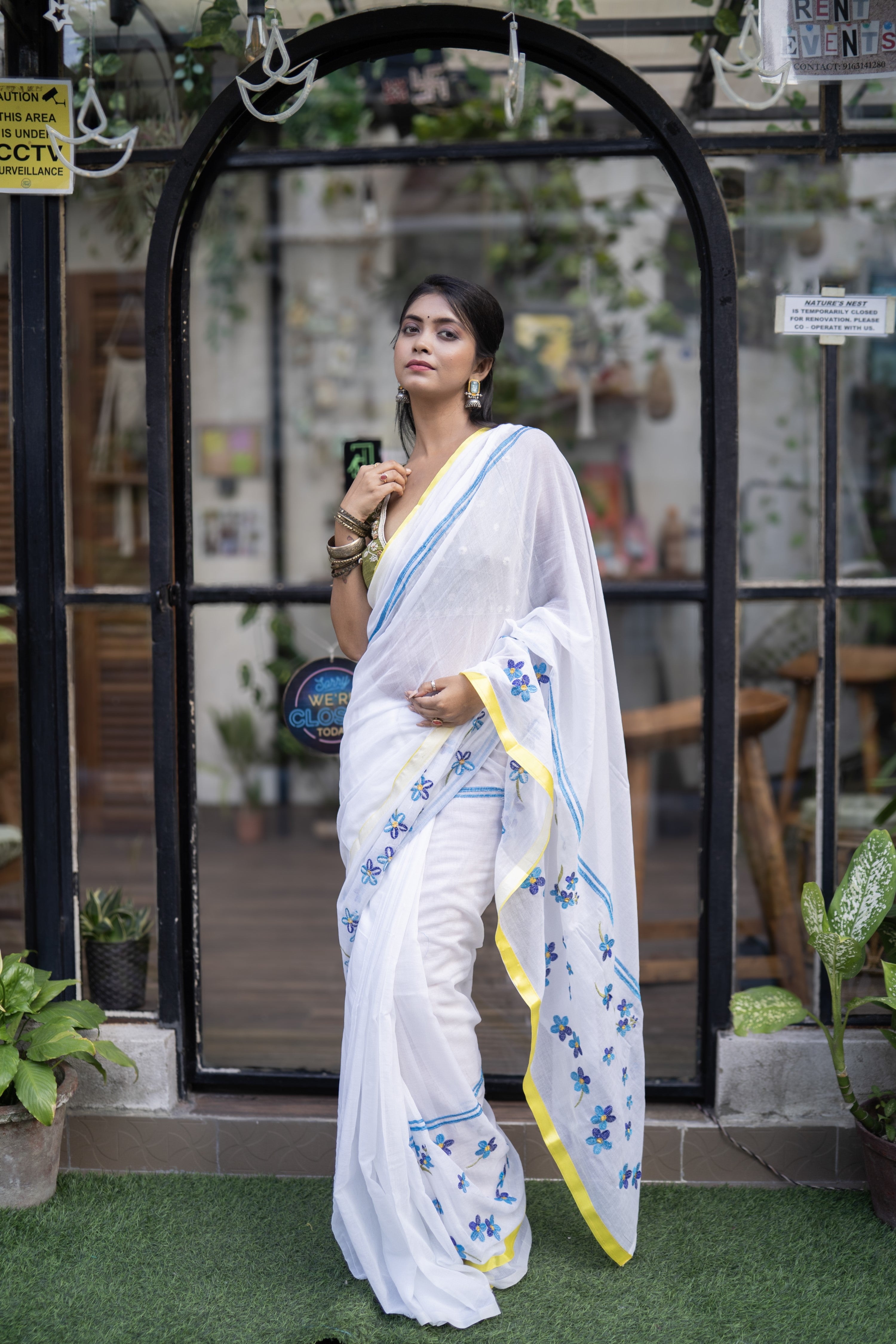 White Mul Mul Cotton Saree With Embroidery Work