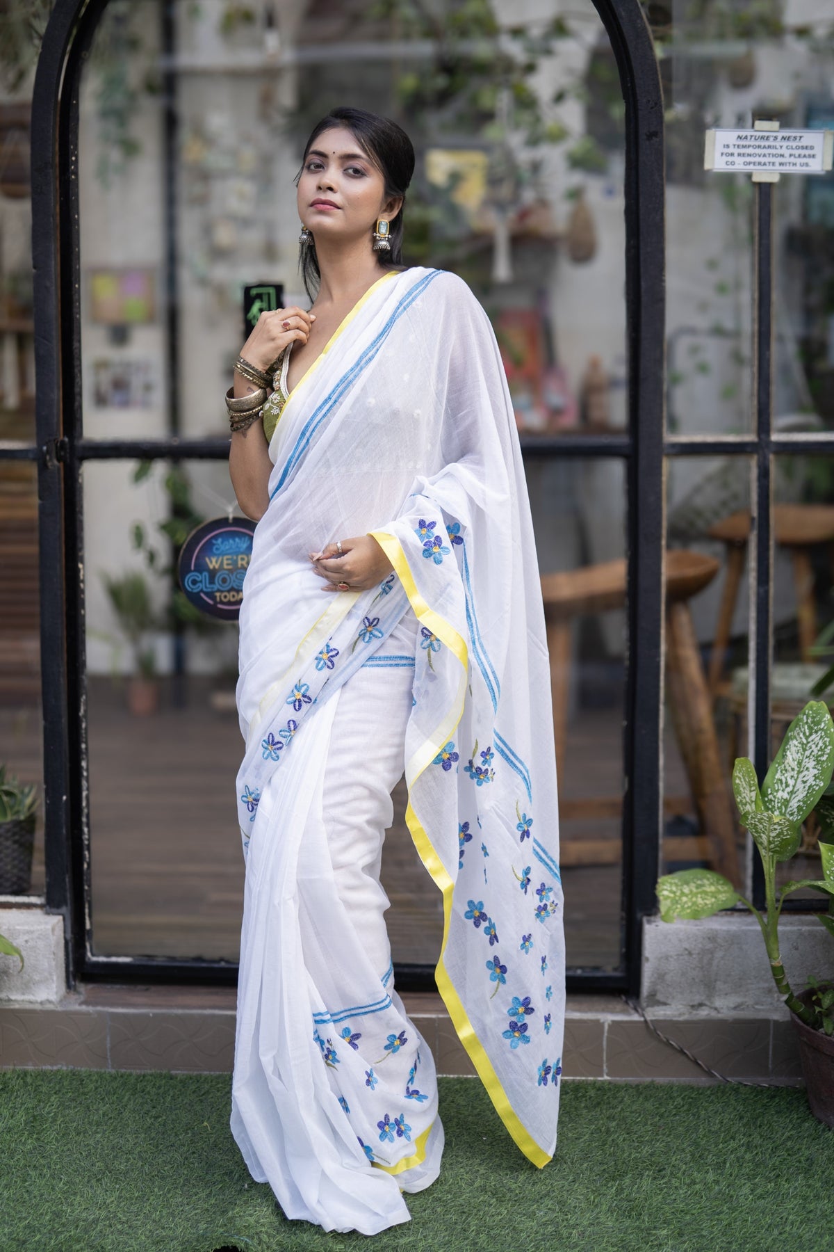 White Mul Mul Cotton Saree With Embroidery Work