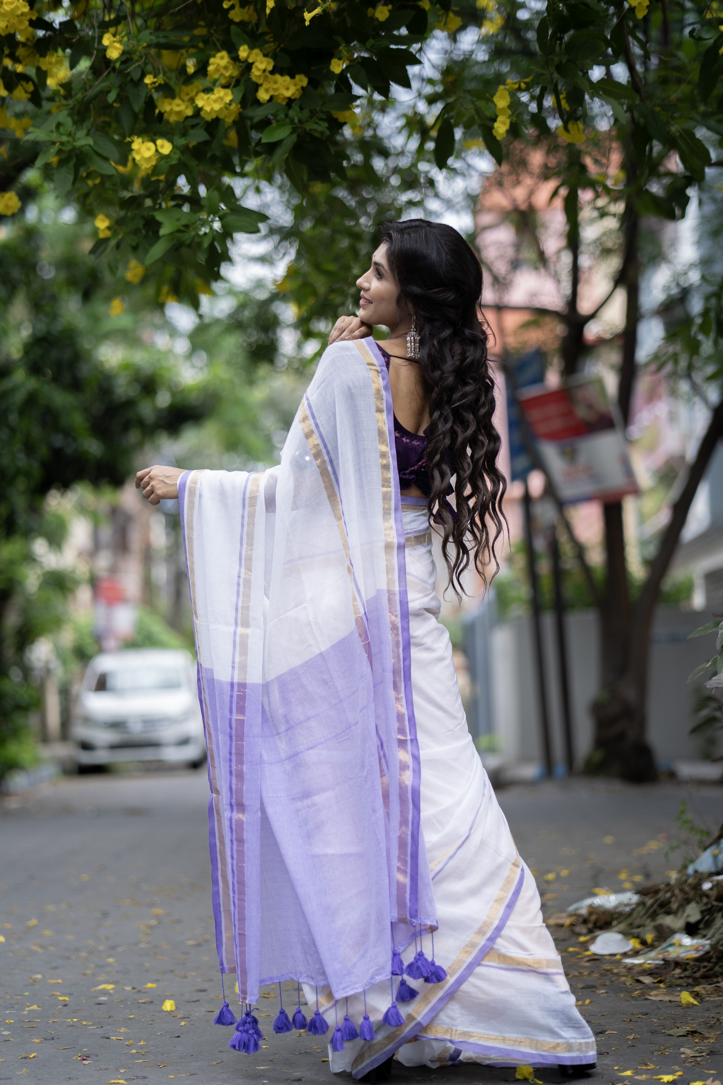 White Mul Mul Cotton Saree With purple & golden Border