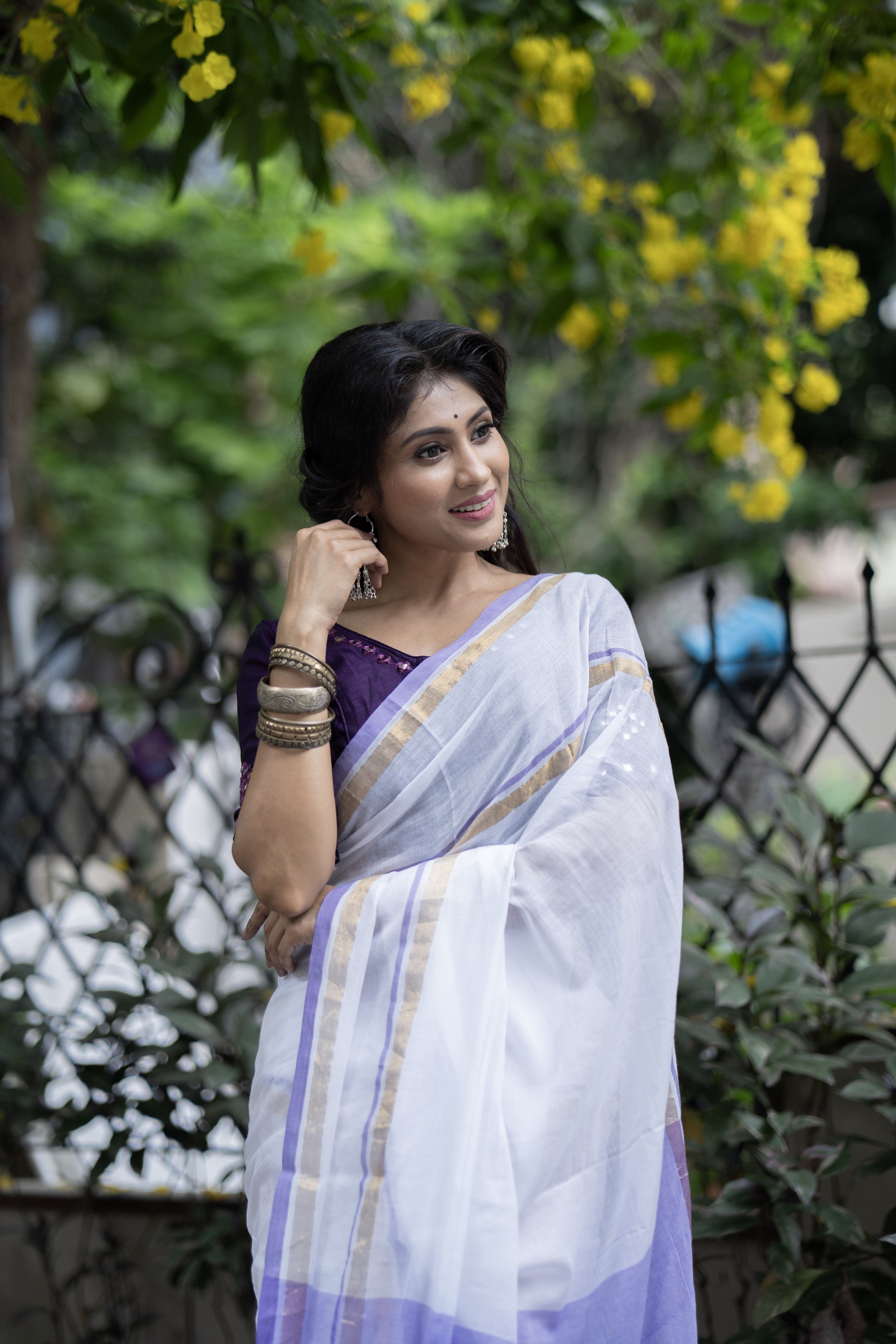 White Mul Mul Cotton Saree With purple & golden Border