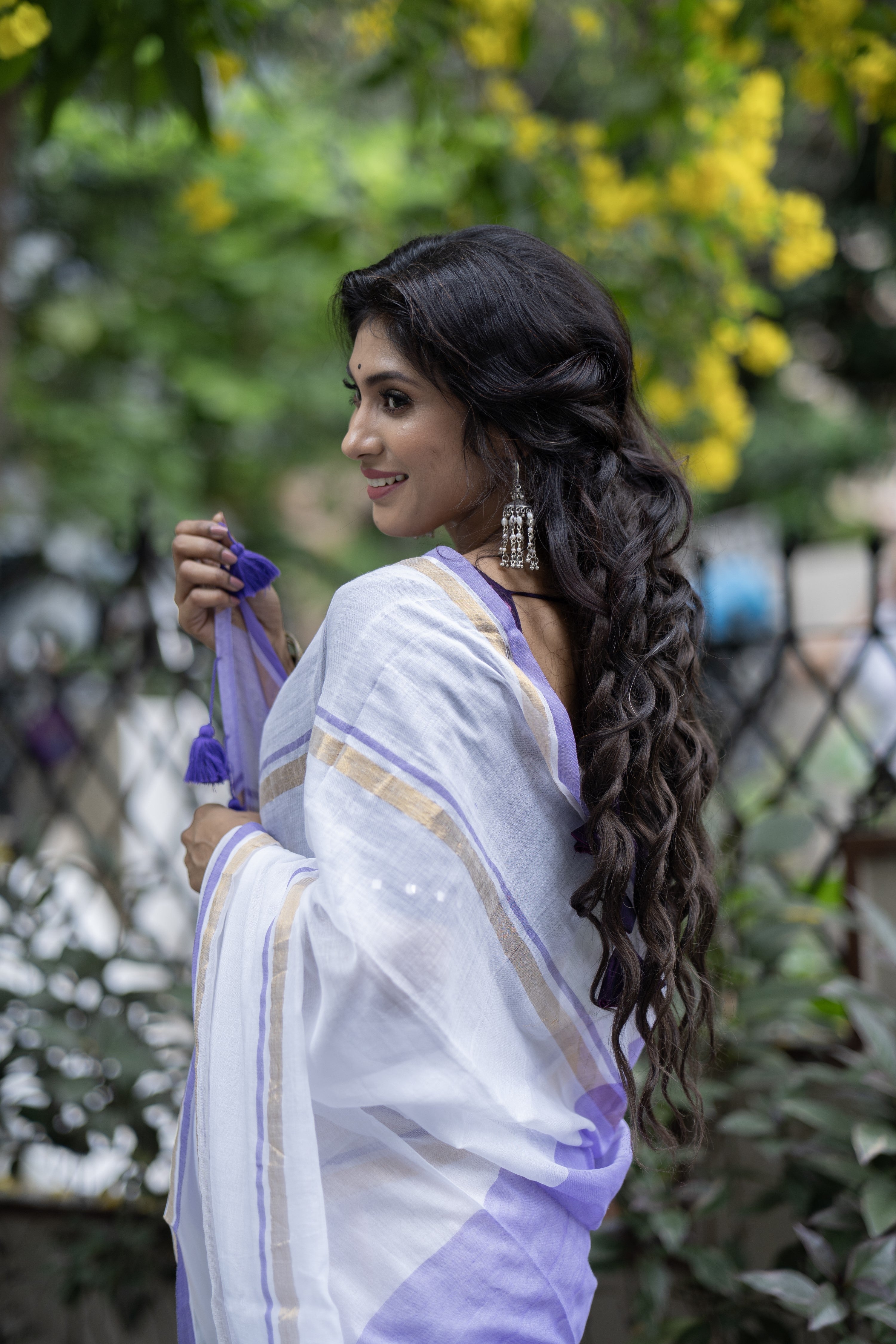 White Mul Mul Cotton Saree With purple & golden Border