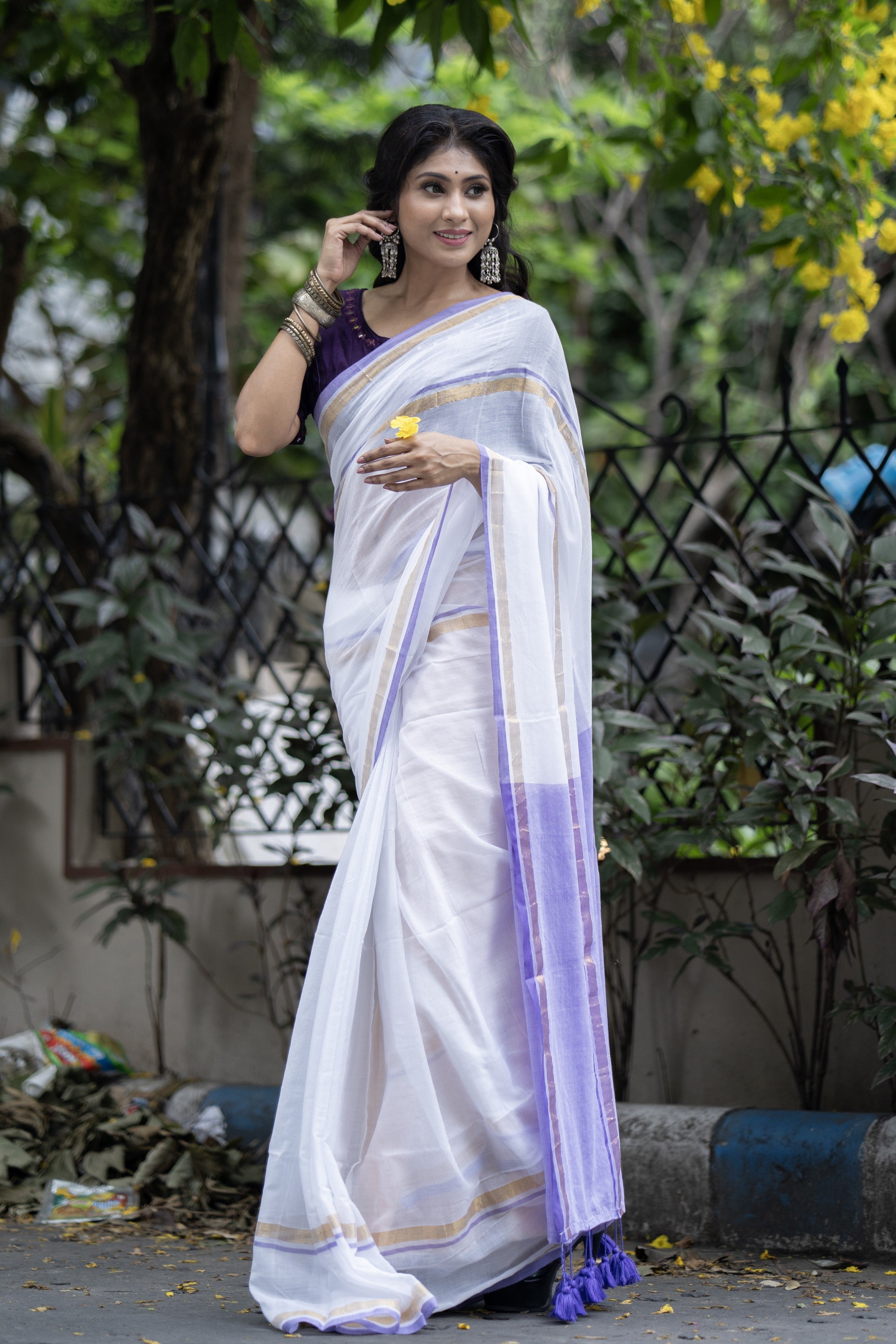 White Mul Mul Cotton Saree With purple & golden Border