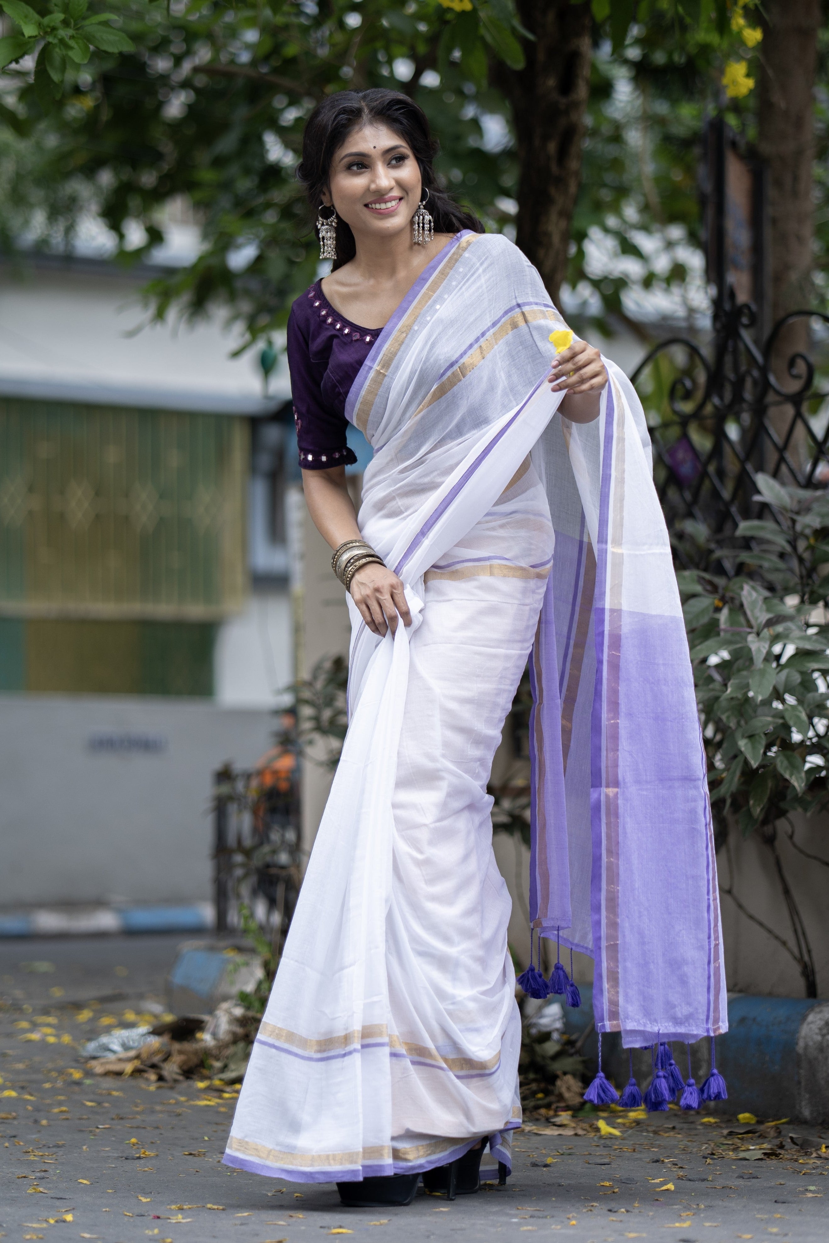 White Mul Mul Cotton Saree With purple & golden Border