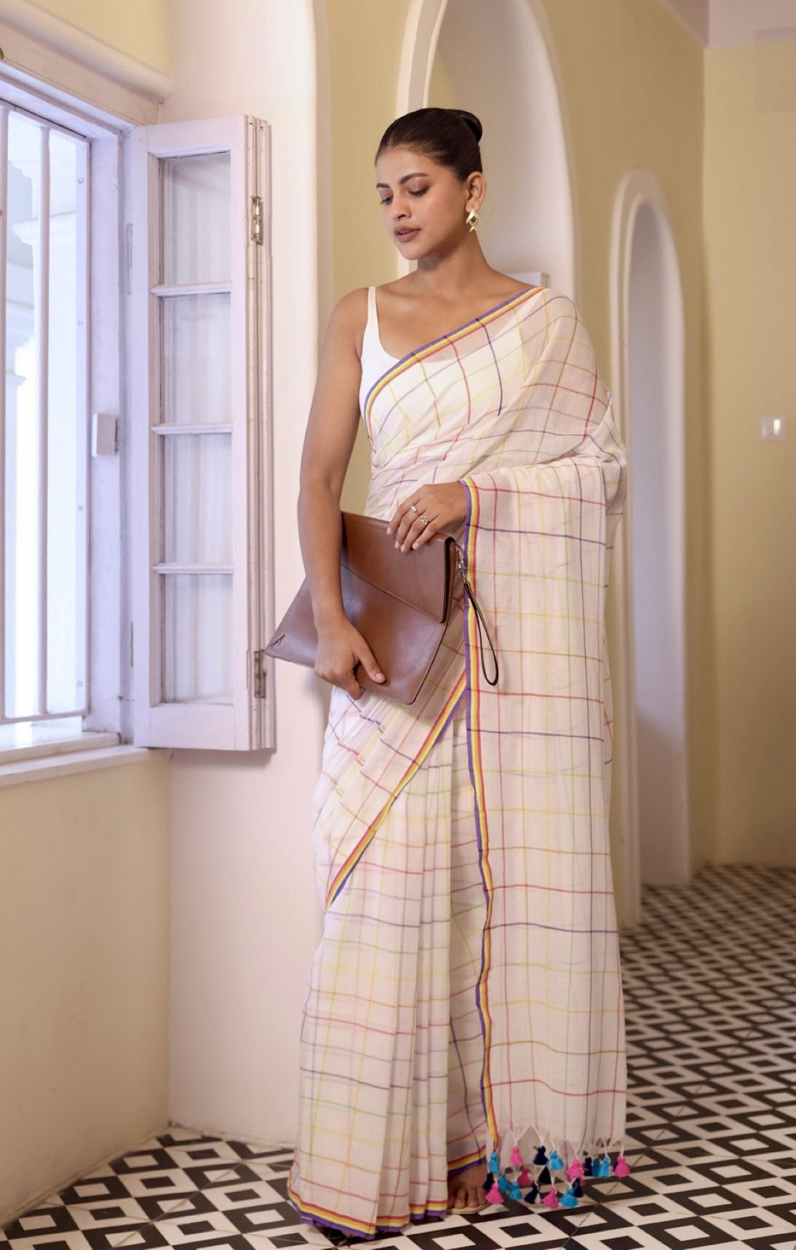White Pure Mulmul Cotton Saree with Multicolor Checks